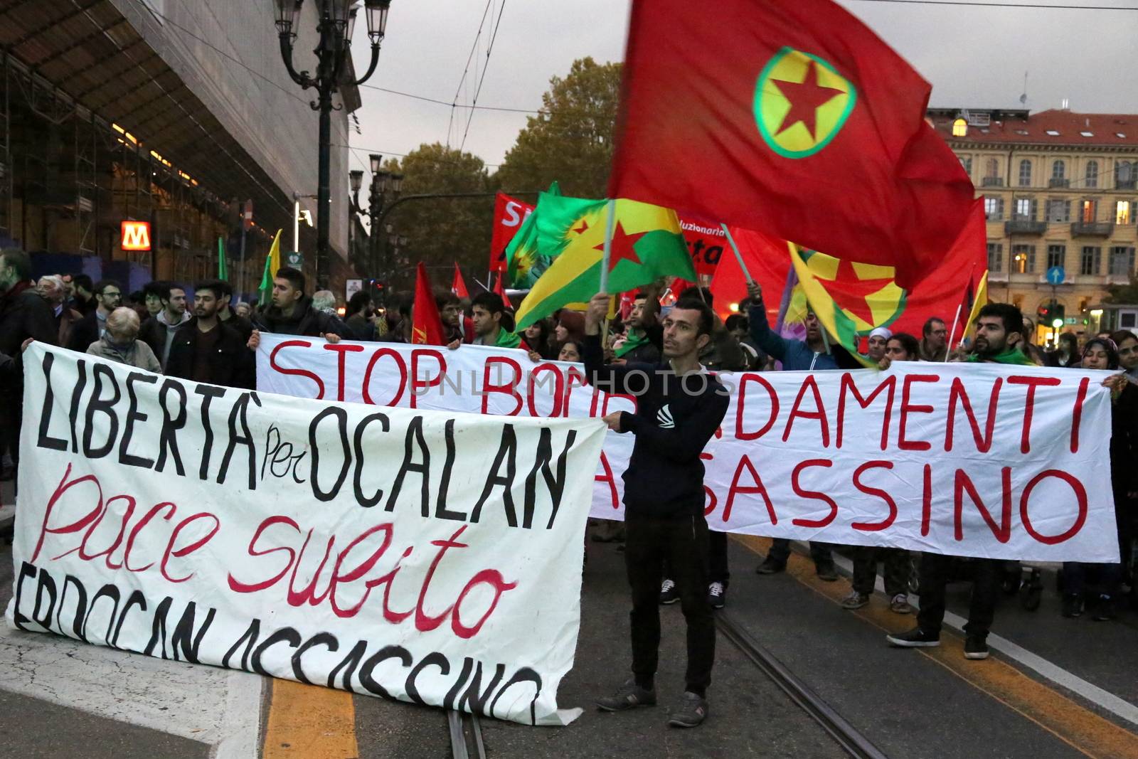 ITALY, Turin: Thousands rally at the Piazza Carlo Felice in Turin, Italy on October 13, 2015 to show solidarity with the people of Turkey, after the weekend's bombings in Ankara that left at least 97 dead. Demonstrators protest against the Turkish government, blaming the administration for the attack. Some Kurdish and leftist activists have asserted that these bombings were perpetrated in part by Turkey's governing AKP administration, intended as a blow to the pro-Kurdish HDP opposition ahead of the snap parliamentary elections in November.