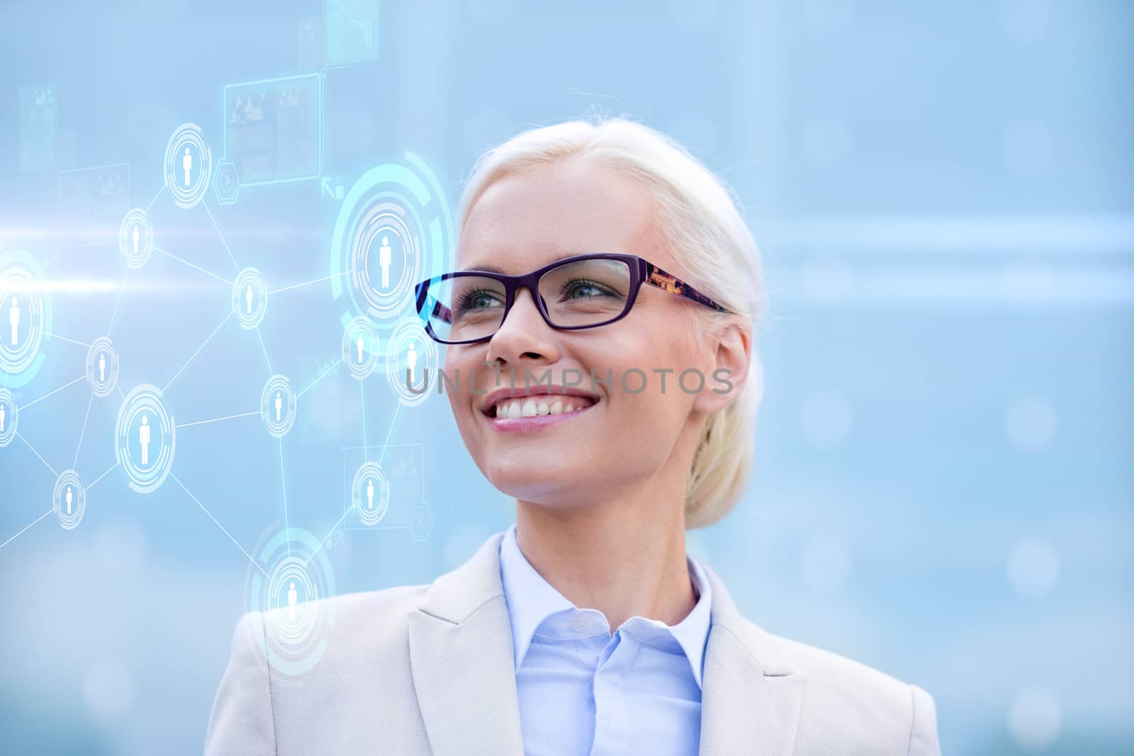 business, people, technology and communication concept - young smiling businesswoman in eyeglasses looking to network hologram outdoors