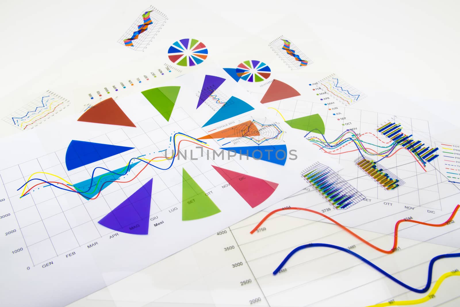 stack of paper documents with financial reports and statistic information data isolated on white background