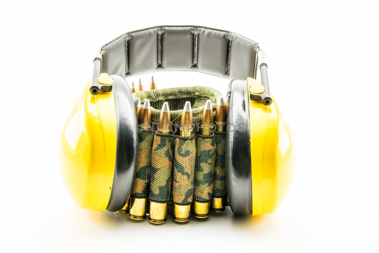 yellow ear protection and camouflage ammunition belt by Isaac74