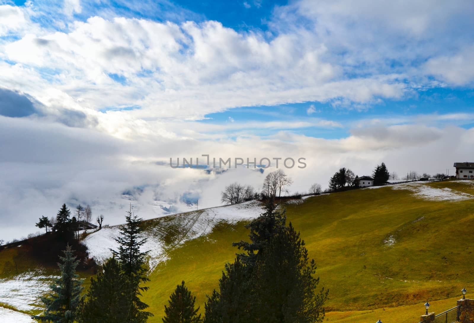 Mountain landscape shrouded in the morning fog.