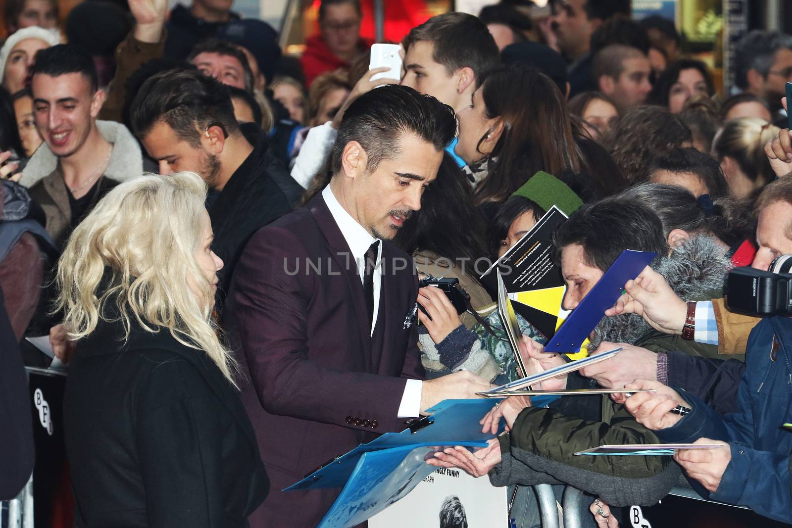 UNITED KINGDOM, London: Colin Farrell greets fans at a screening of The Lobster during the BFI London Film Festival at Vue West in London on October 13, 2015. 