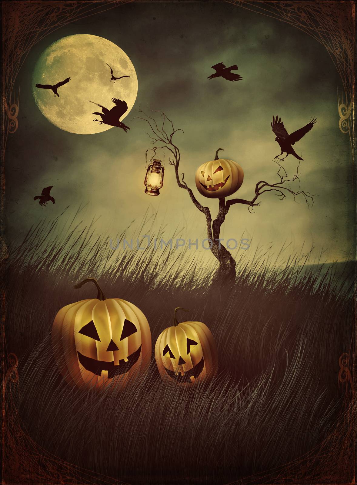 Pumpkin scarecrow in fields of tall grass at night with vintage look