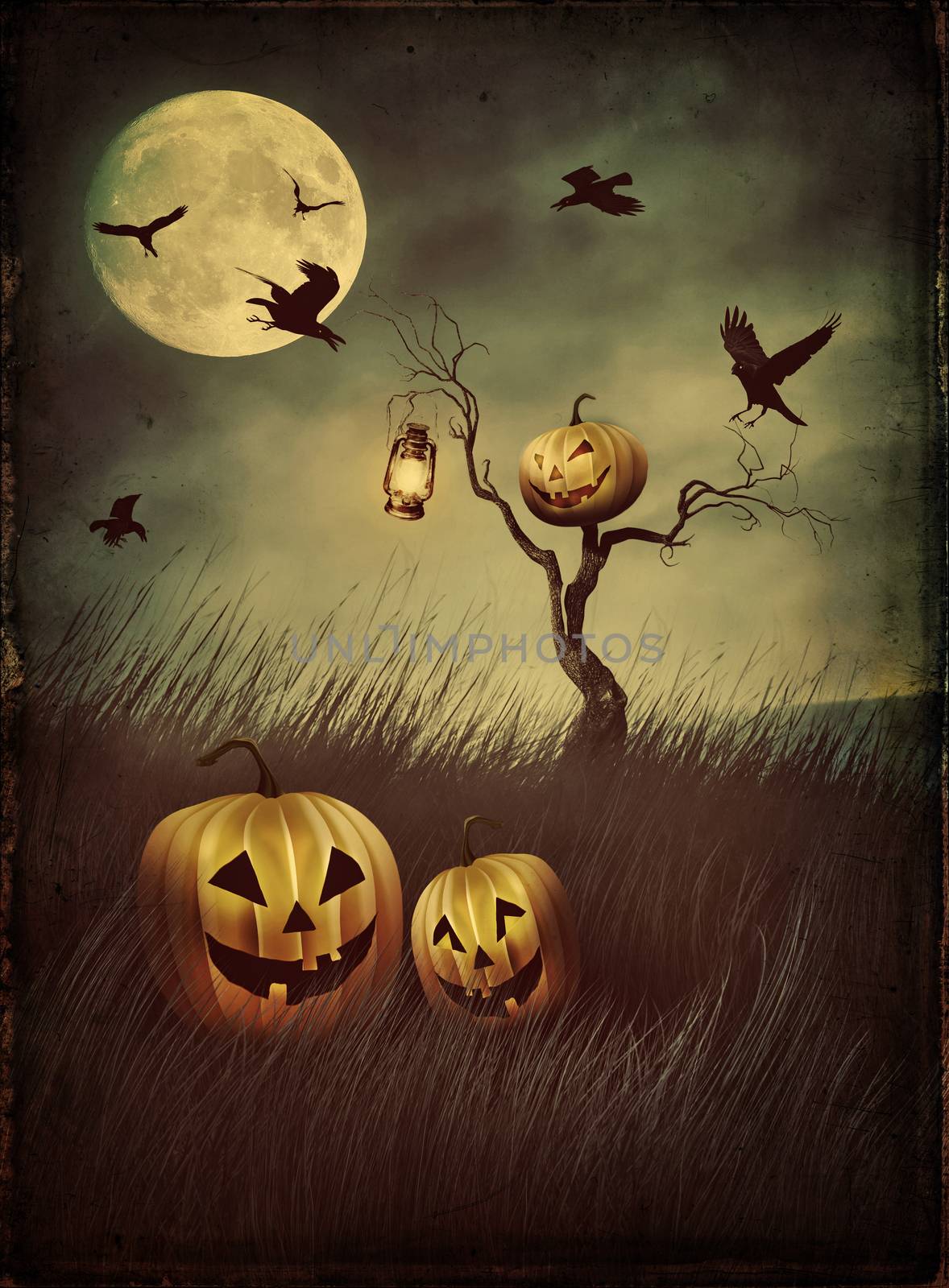 Pumpkin scarecrow in fields at night with vintage look by Sandralise