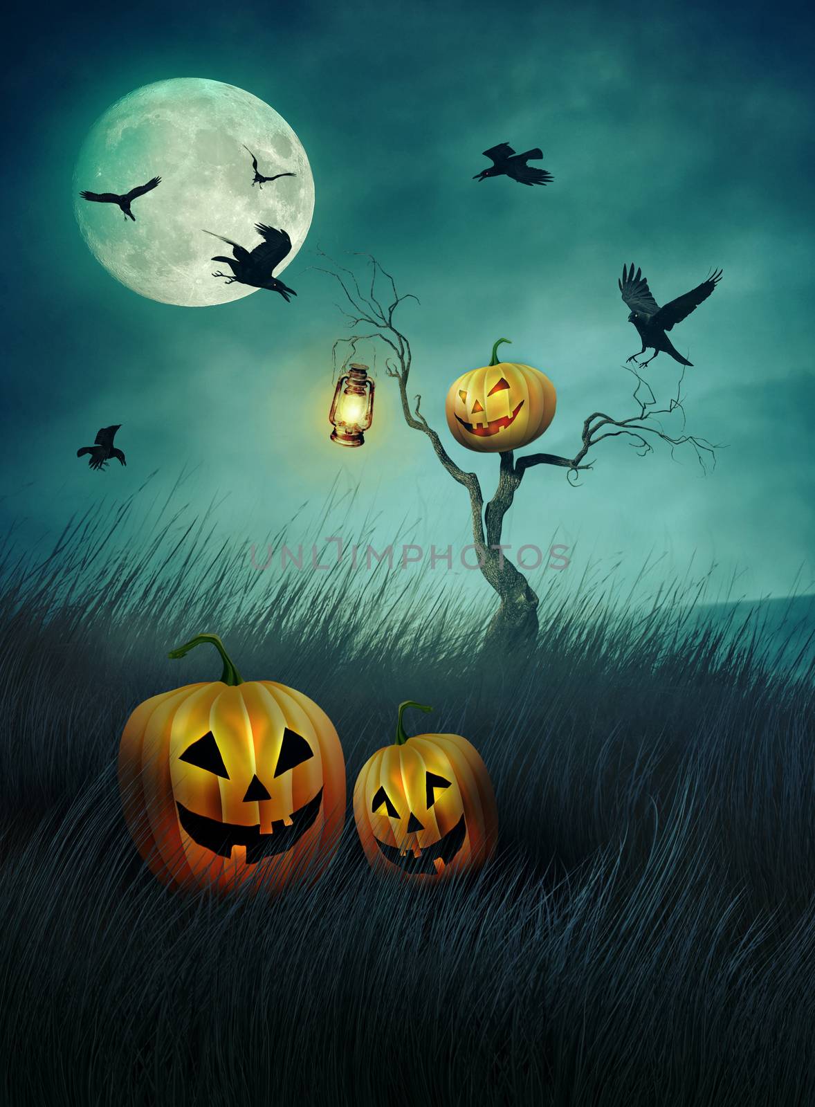 Pumpkin scarecrow in fields of  grass at night by Sandralise