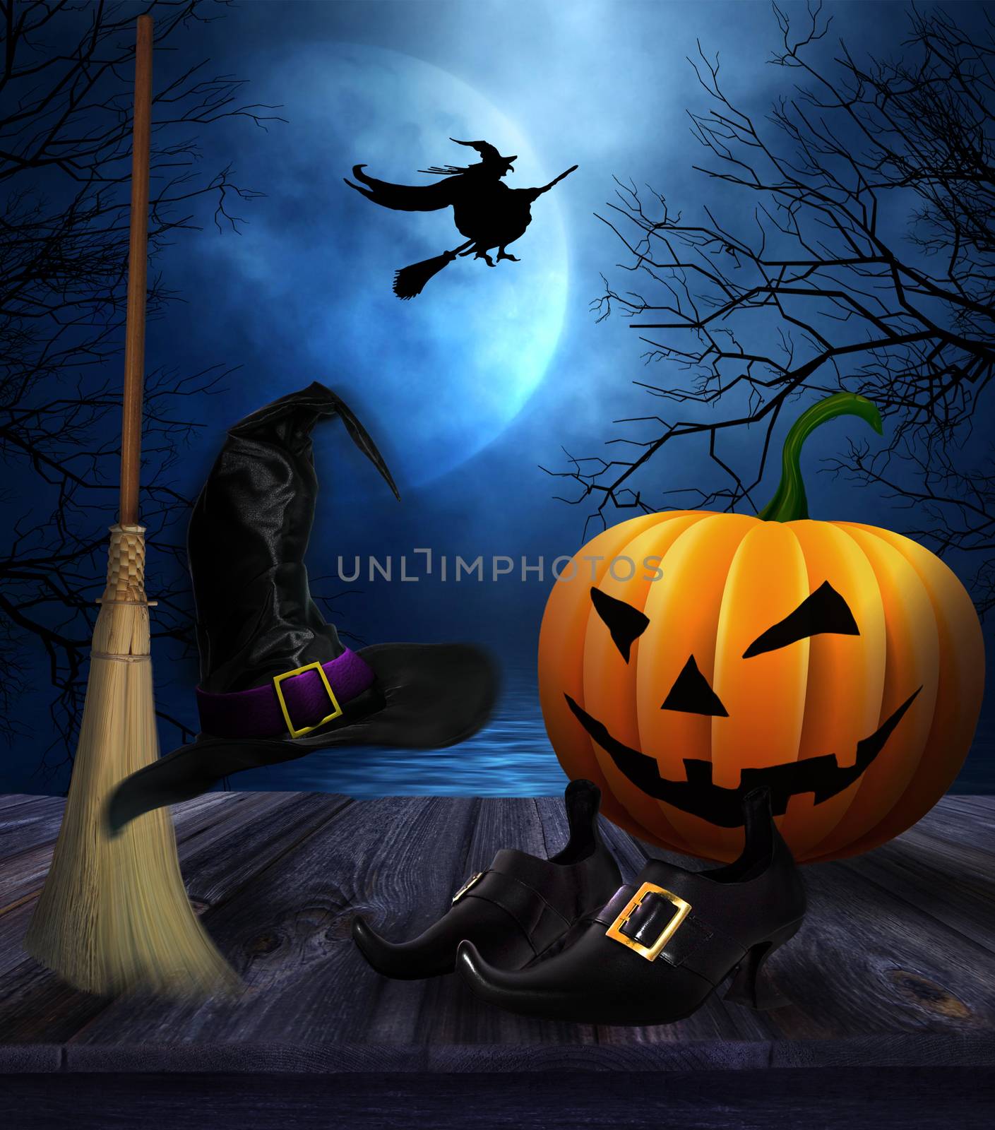 Witches broom hat and shoes with  Halloween background by Sandralise