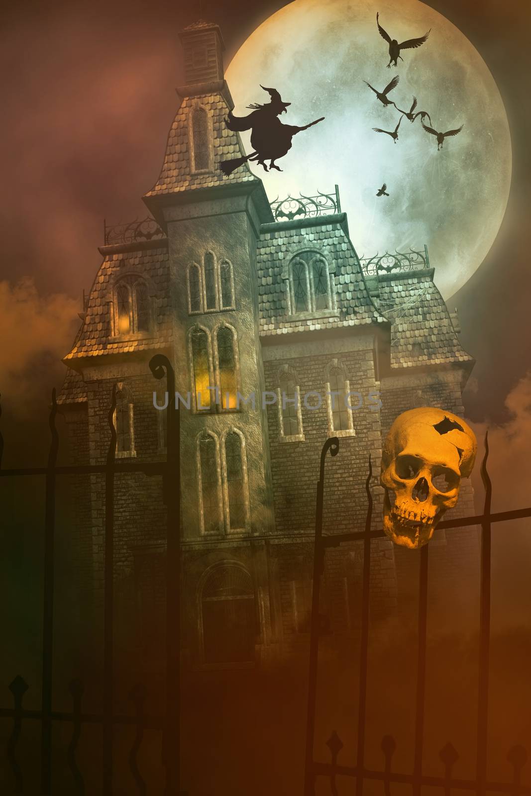 Skulls and Skeletons with creepy house in background by Sandralise
