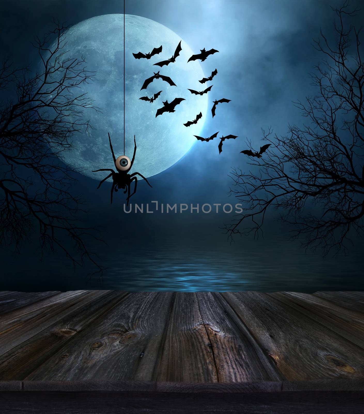 Wooden floor with spooky Halloween background