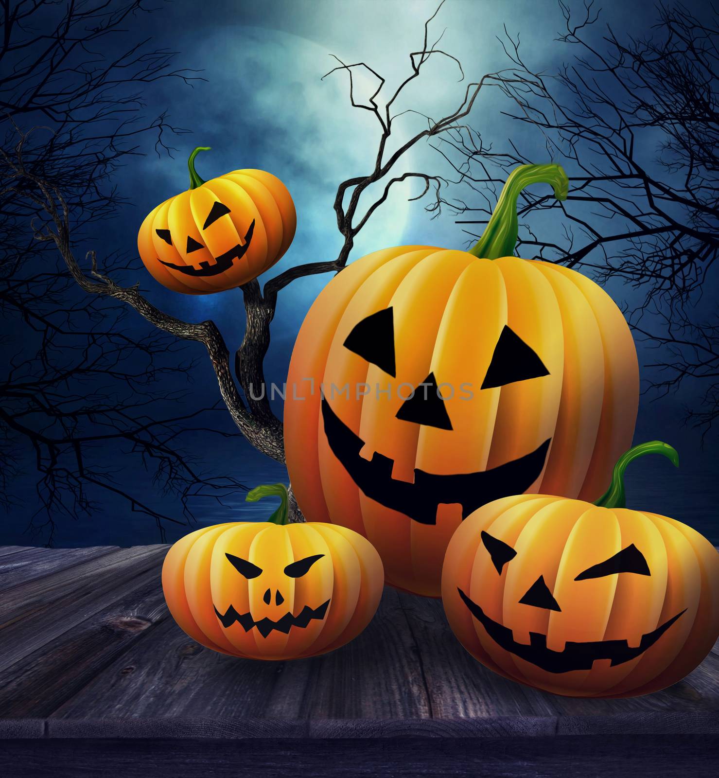 Pumpkins on wooden table  with Halloween background