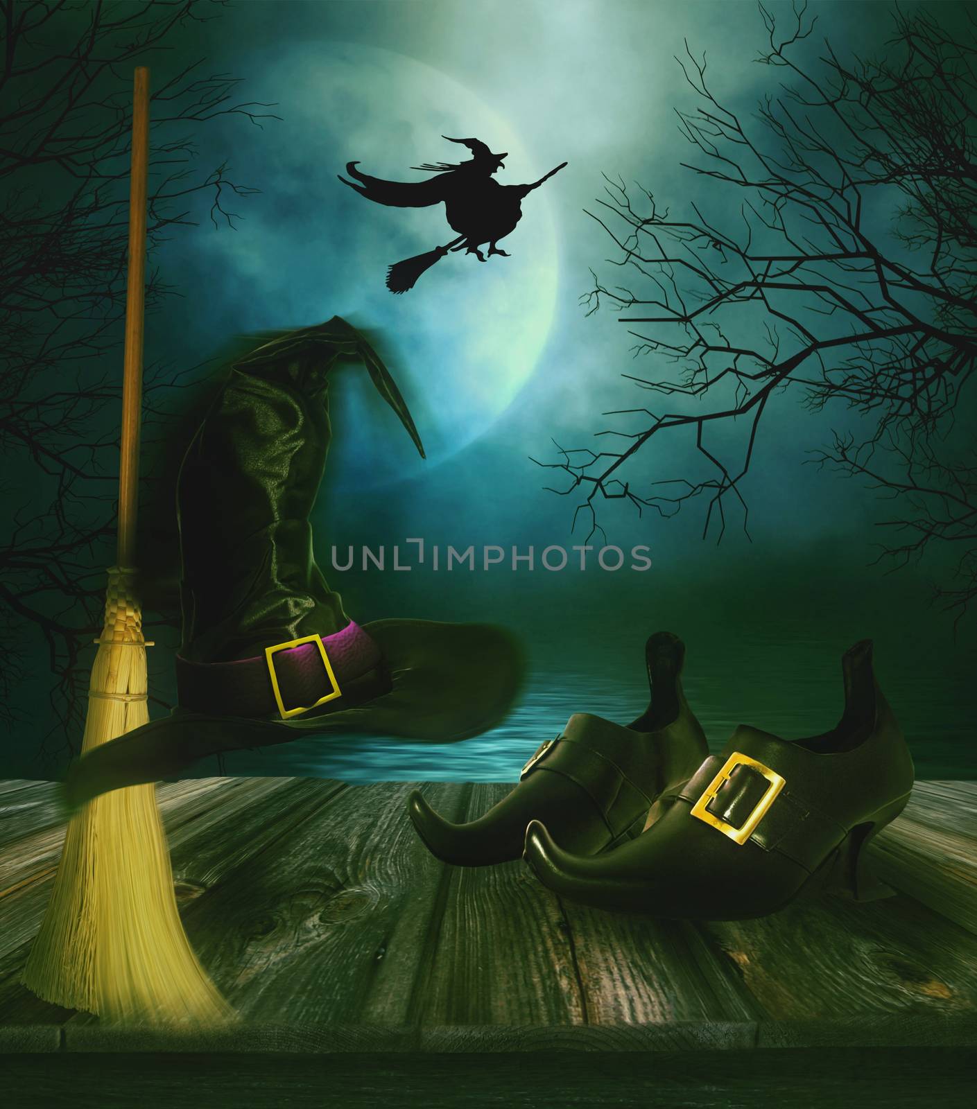 Witches broom hat and shoes with  Halloween background by Sandralise
