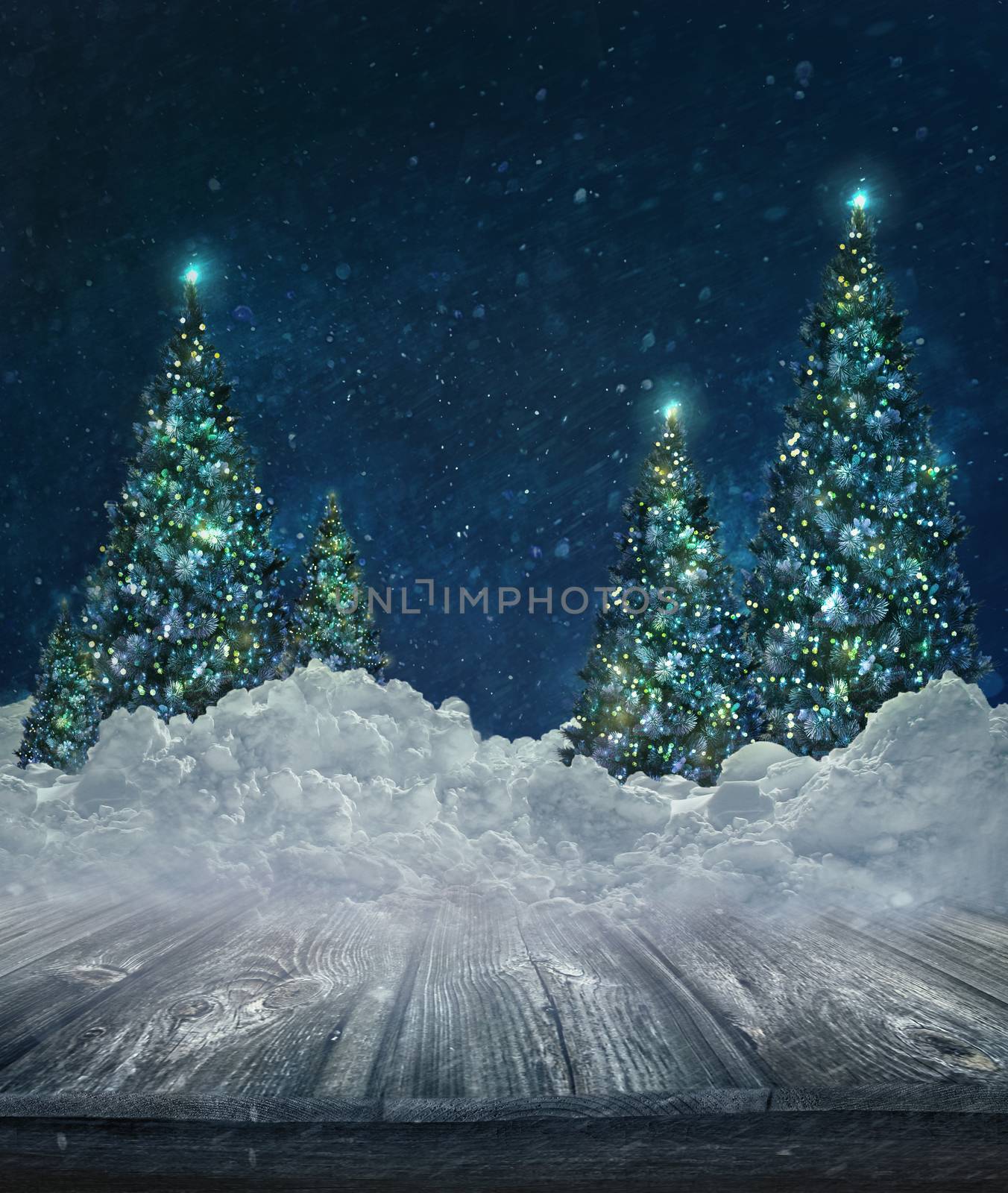 Holiday background with Christmas lit trees in snow