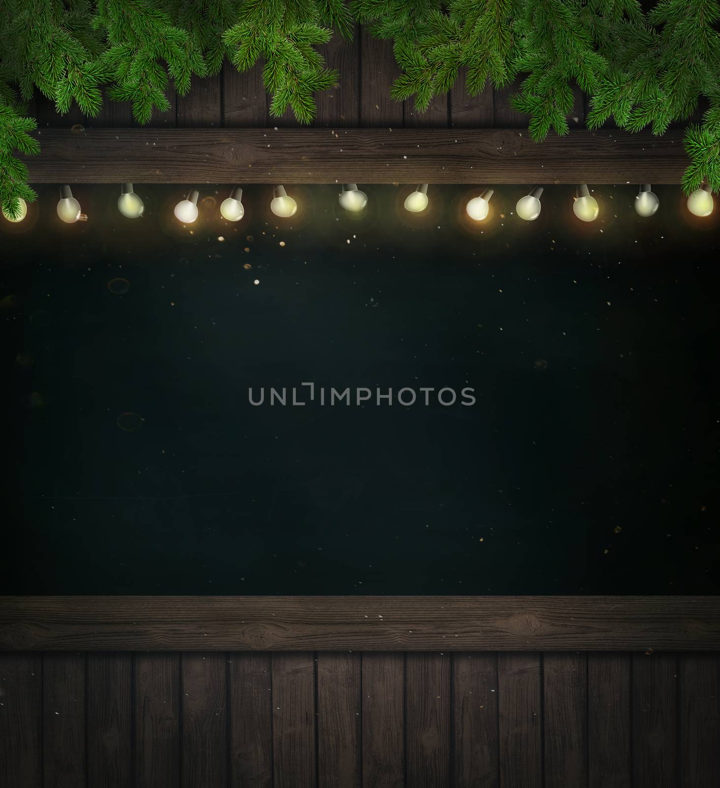 Christmas holiday lights on wooden blackboard