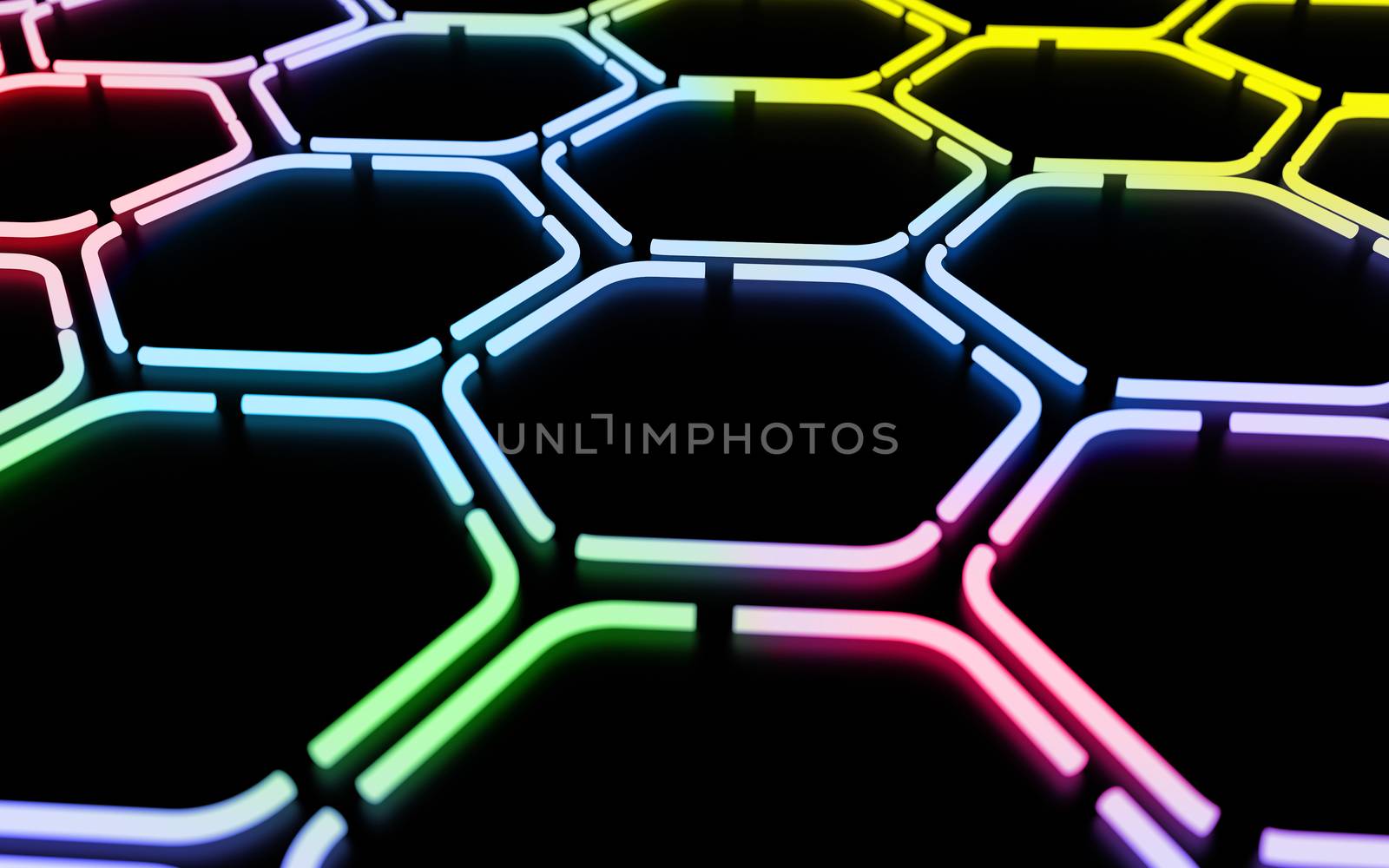 Abstract colorful futuristic hexagonal pattern made with light tubes