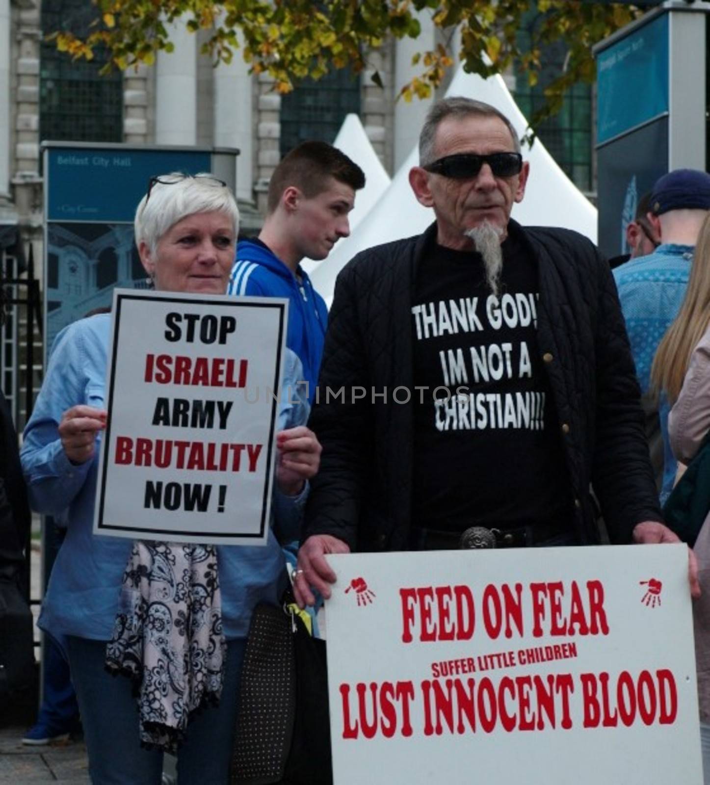 UK, Belfast: Pro-Palestinian campaigners held a demonstration at Belfast City Hall on October 10, 2015. The protesters accused the Israeli army of deliberately targeting civilians and called for a boycott of Israeli goods. 