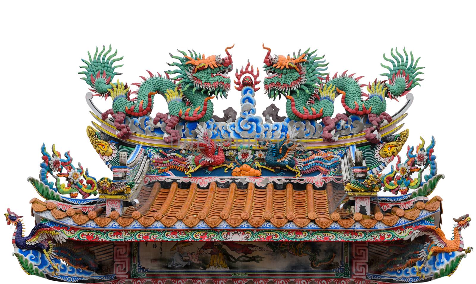 A set of asian traditional sculpture on the rooftop of temple.