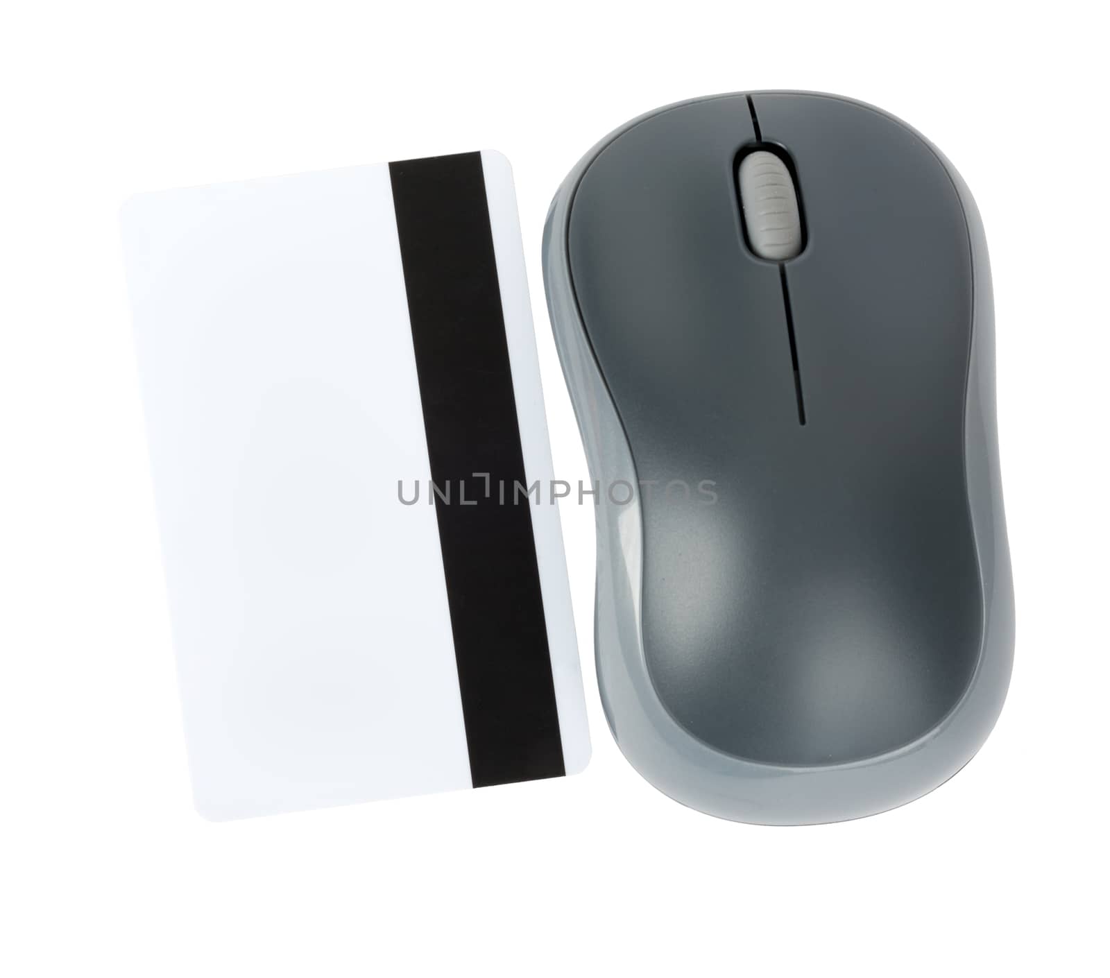 Computer mouse with credit card on isolated white background, close up view