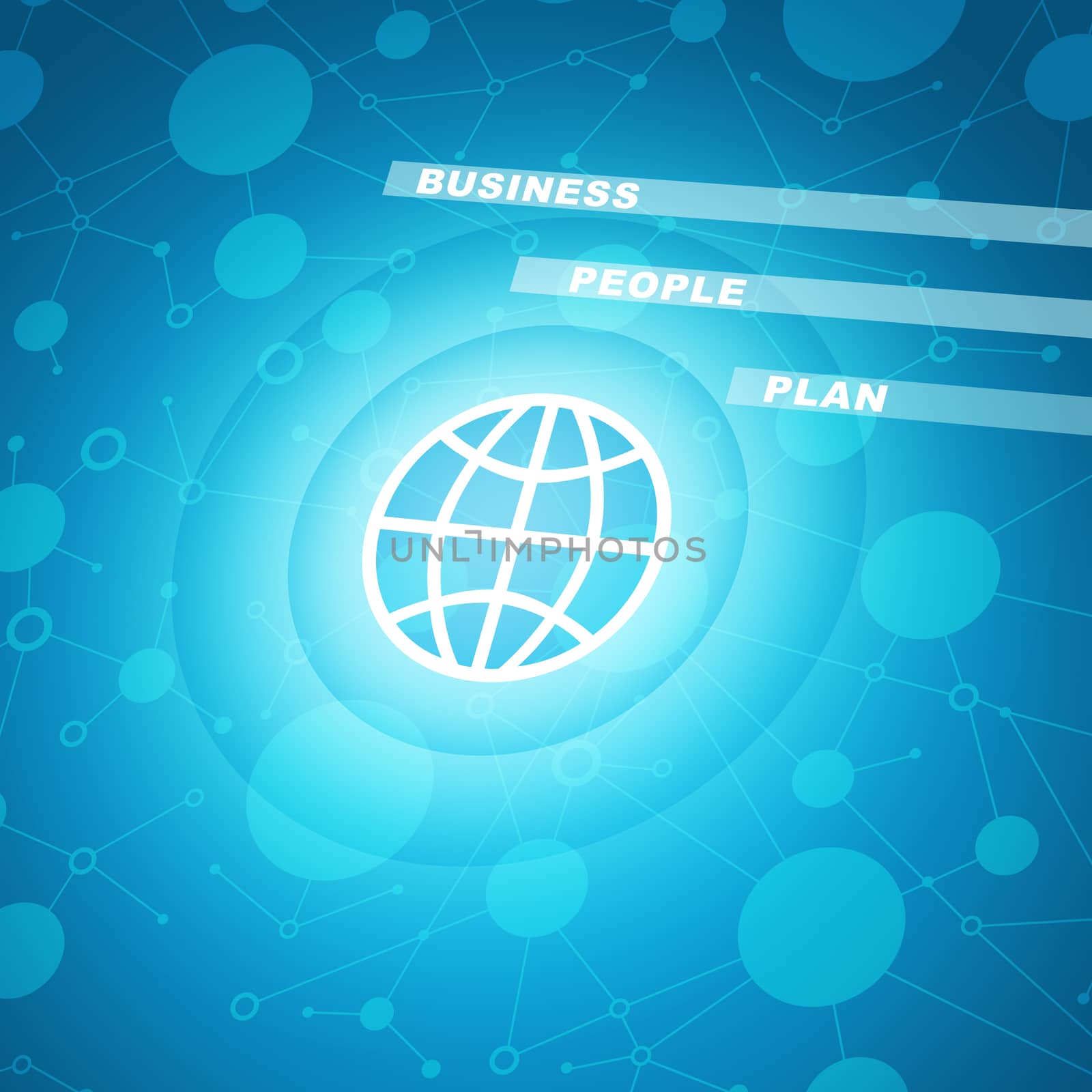 Globe icon with business words on abstract blue background
