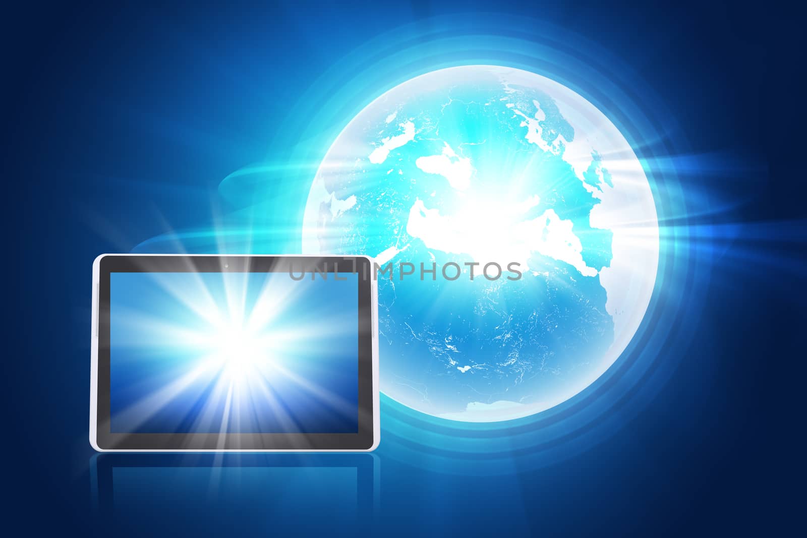 Earth with tablet on abstract blue background with world map