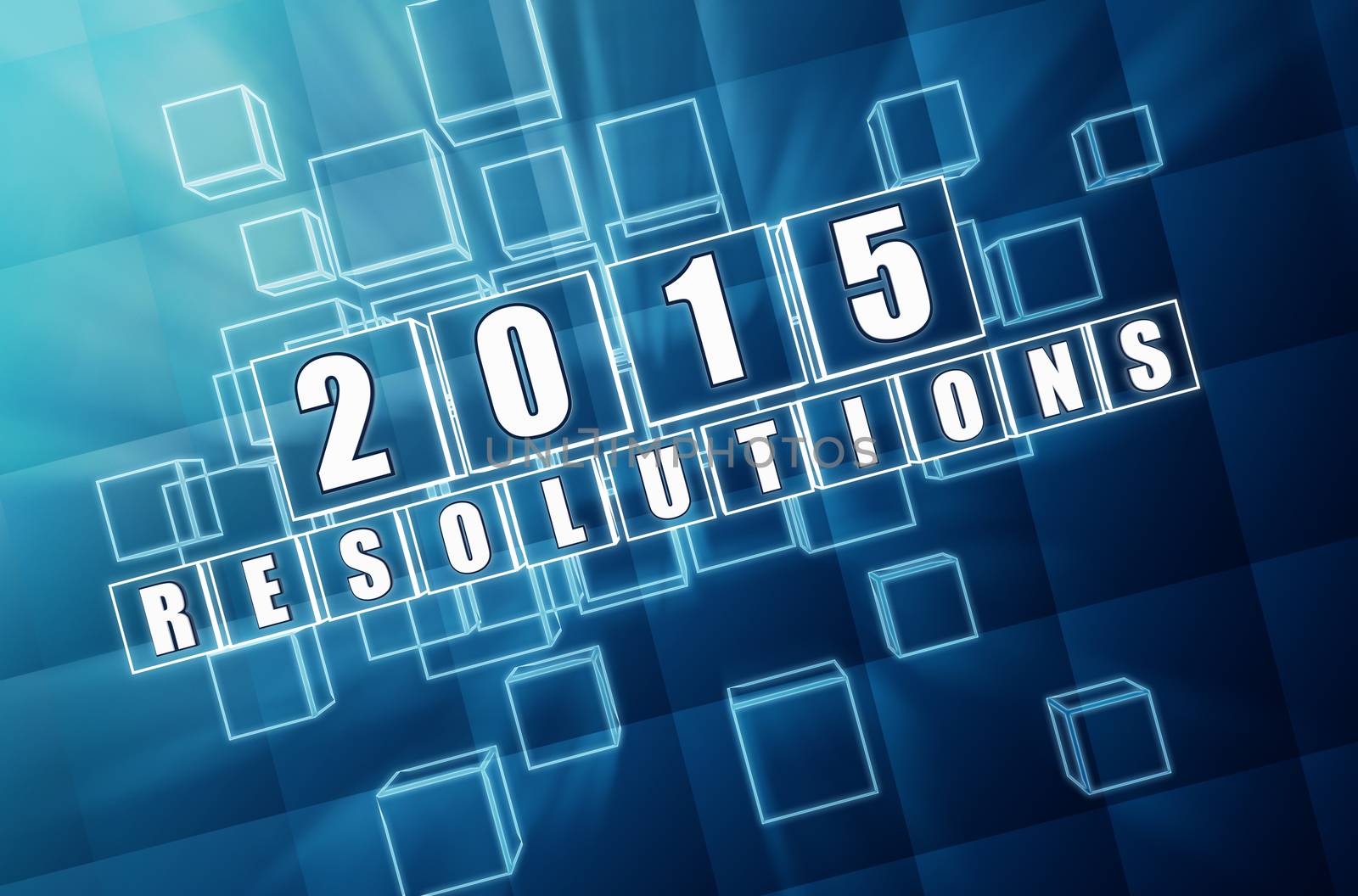 new year 2015 resolutions - text in 3d blue glass boxes with white figures, business holiday concept
