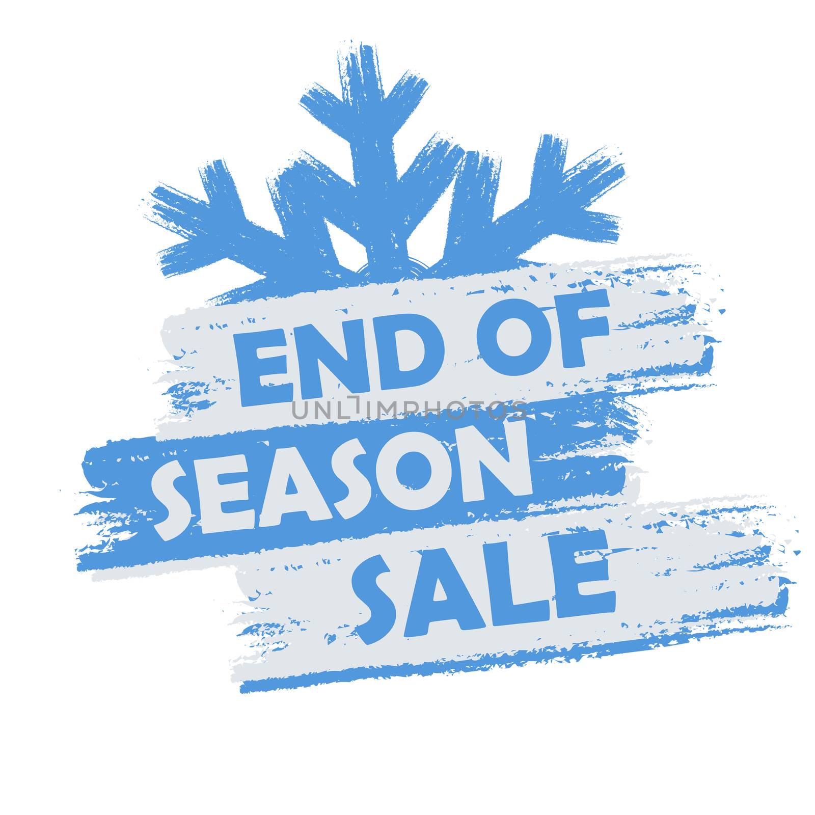 end of season sale banner - text in blue and white drawn label with snowflake symbol, business seasonal shopping concept