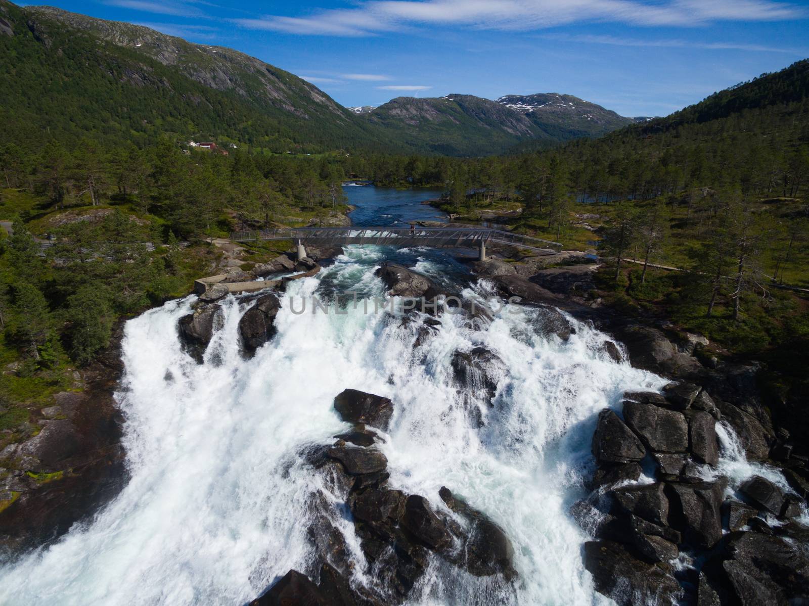 Aerial view of popular norwegian waterfalls Likholefossen