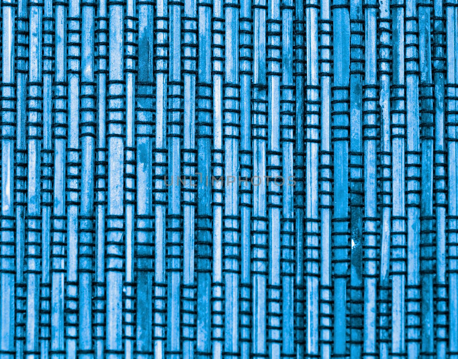 Background of Blue Bamboo Straw Mat with Black Threads closeup
