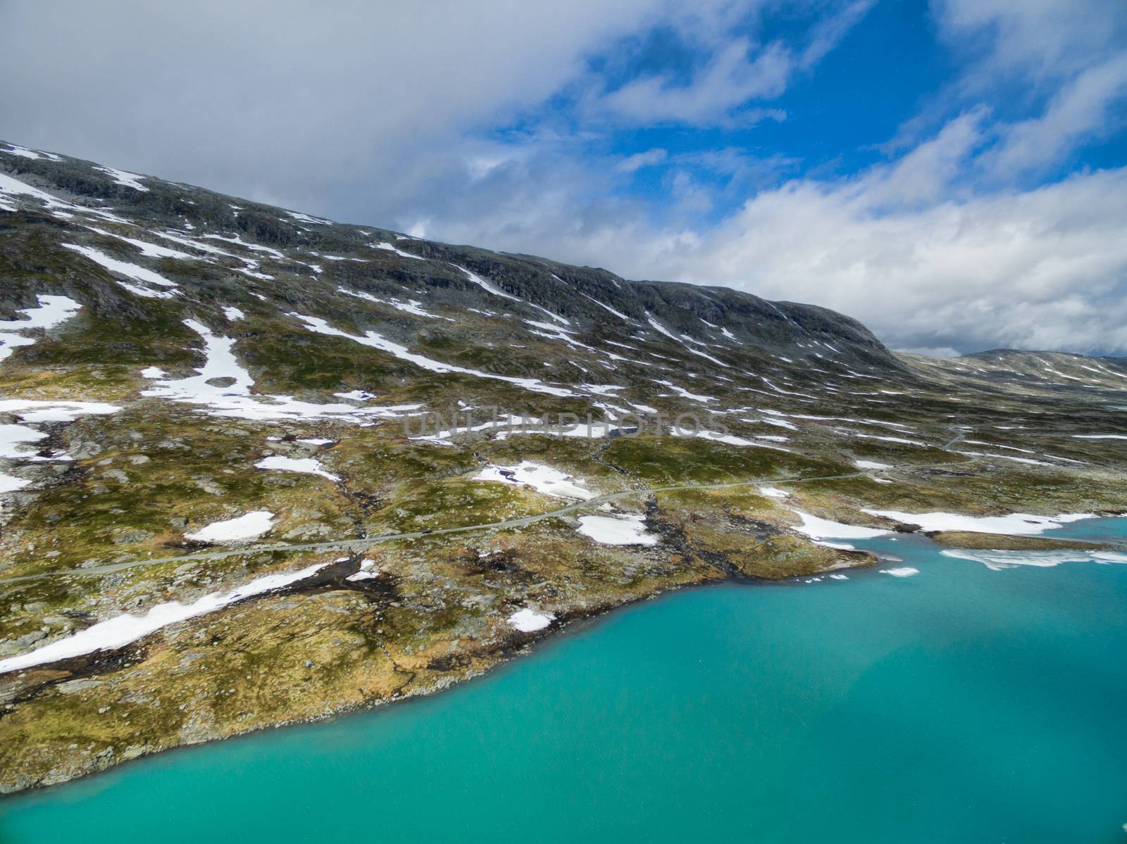 Scenic aerial view of mountain lake in Gamle Strynefjellsvegen, Norway