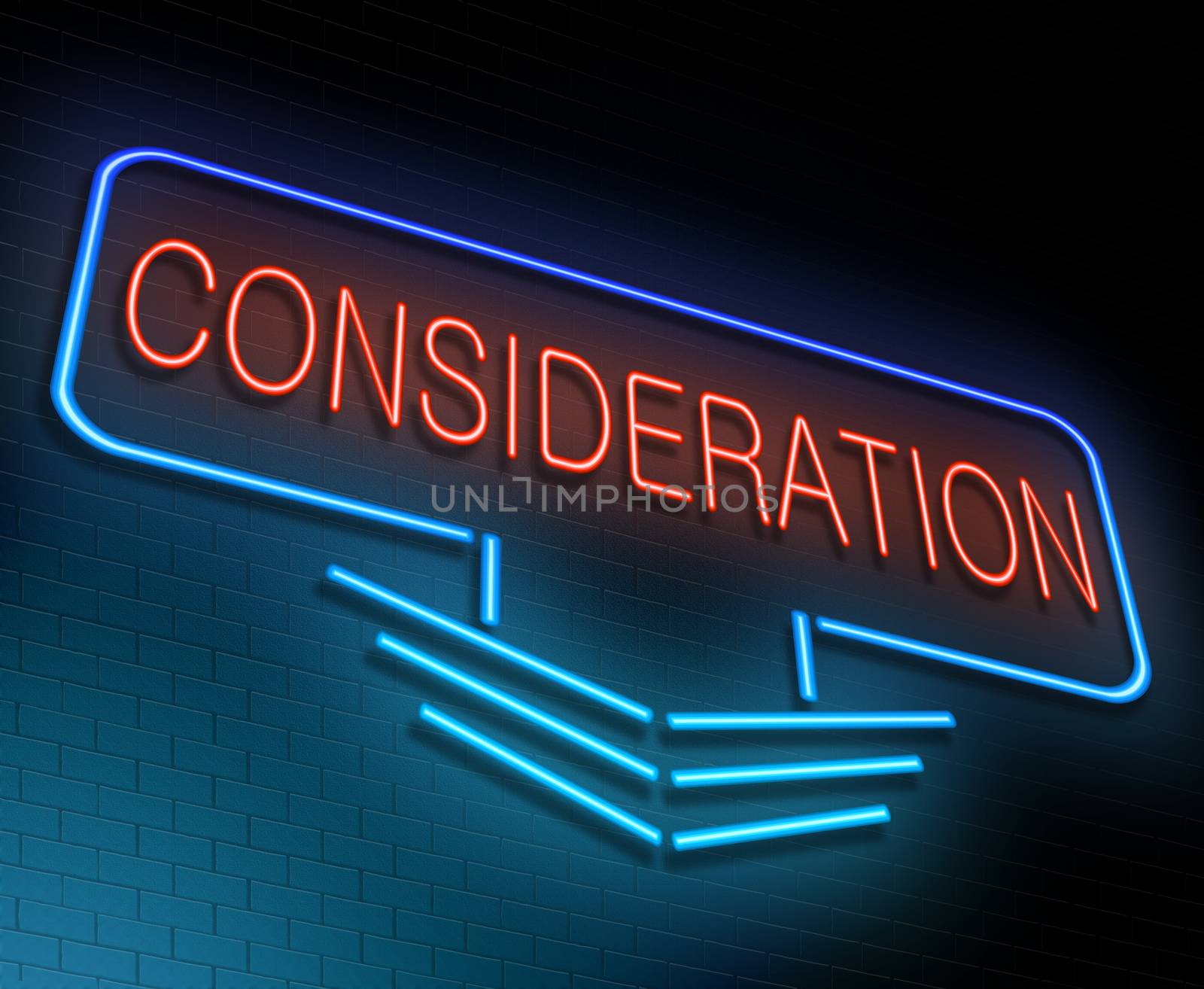 Illustration depicting an illuminated neon sign with a consideration concept.