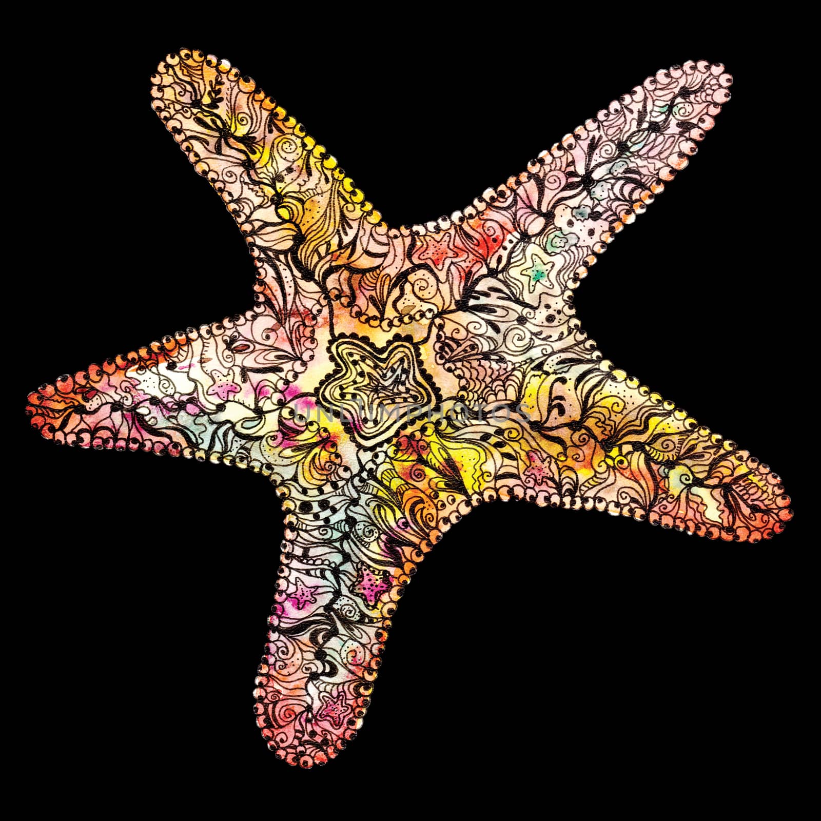 Star in sketch style with hand-painted ink ornaments on black background