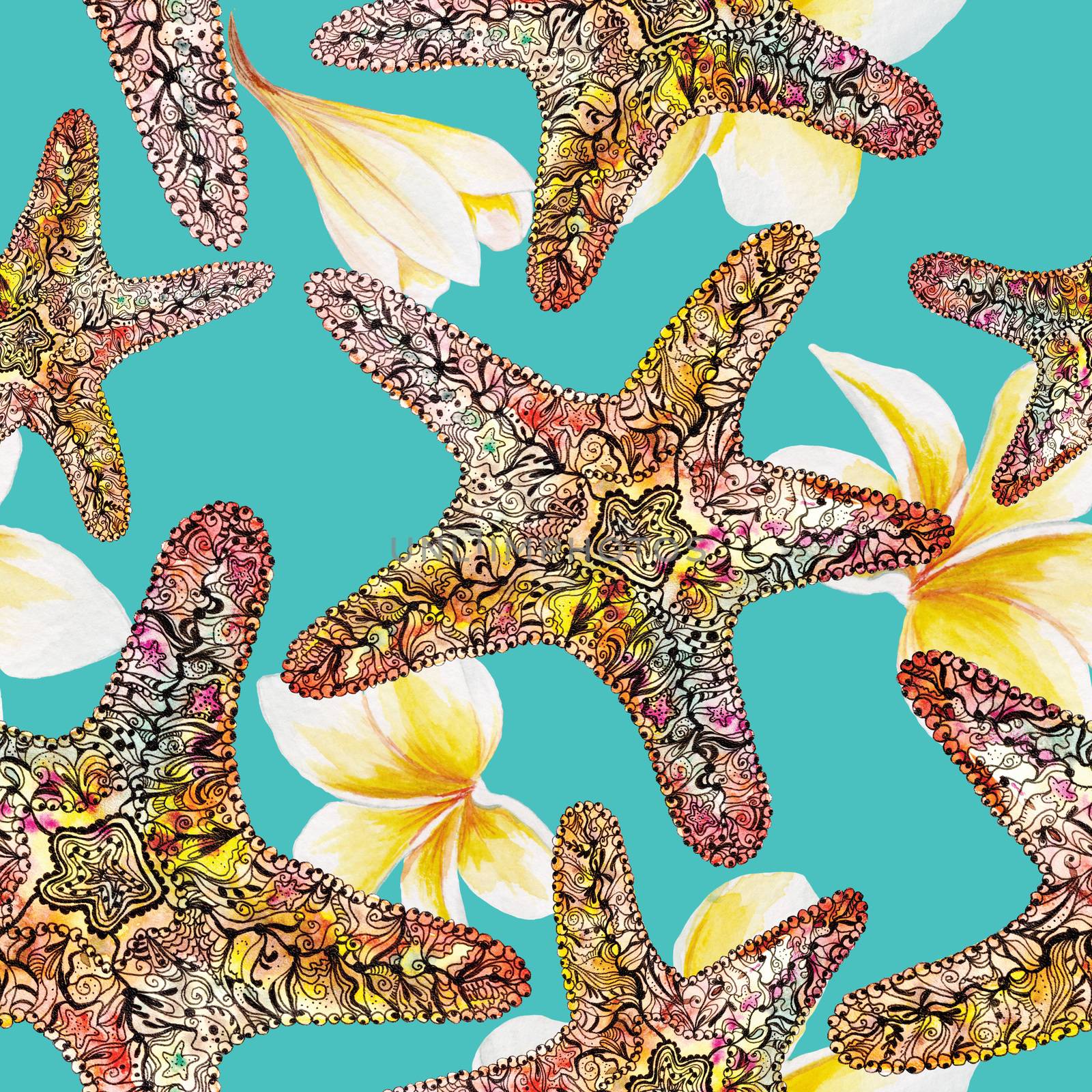 Seamless artistic background with tropical flowers and starfish on turquoise background
