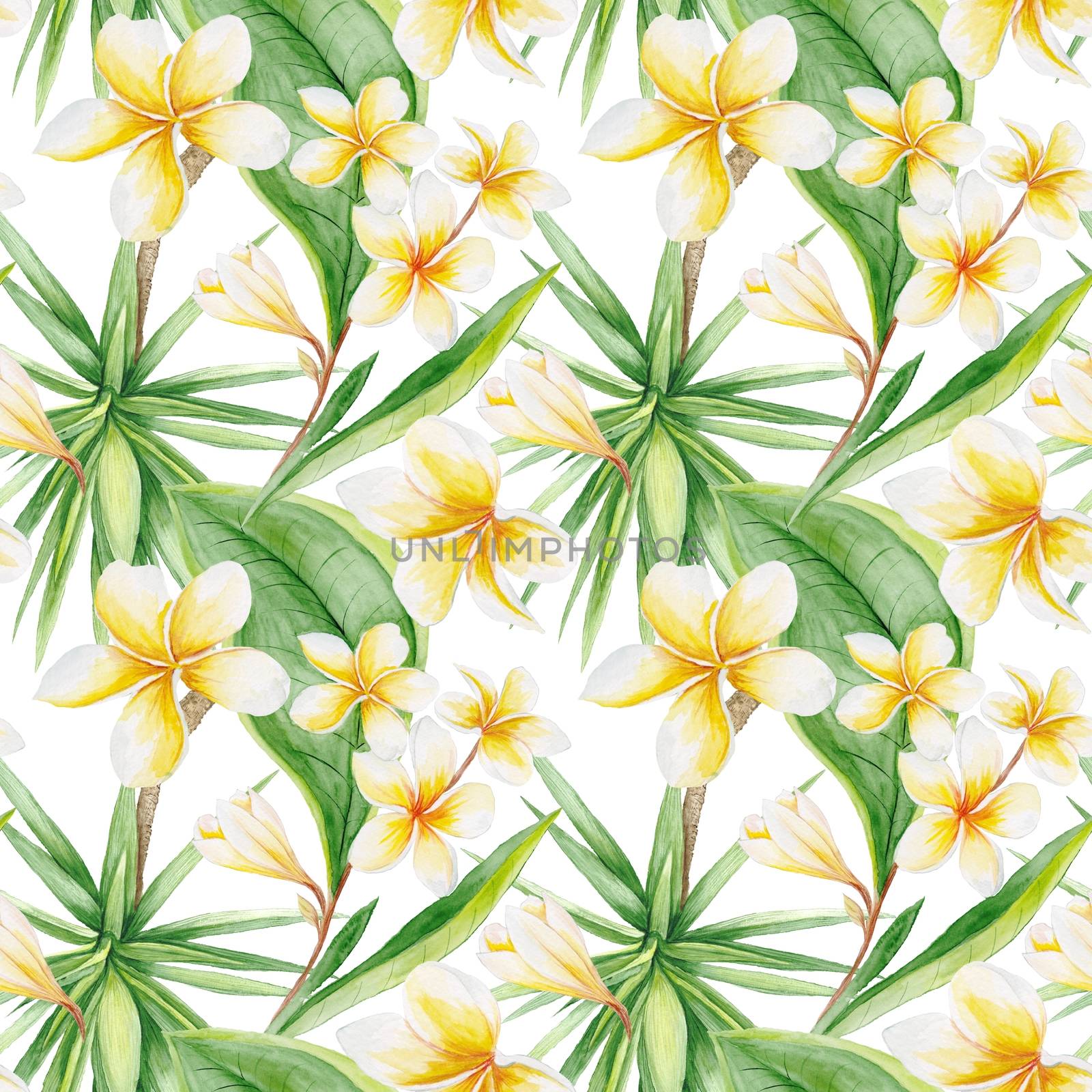 Hand-painted watercolor botanic illustration with plumeria flowers and yucca tree, seamless tile