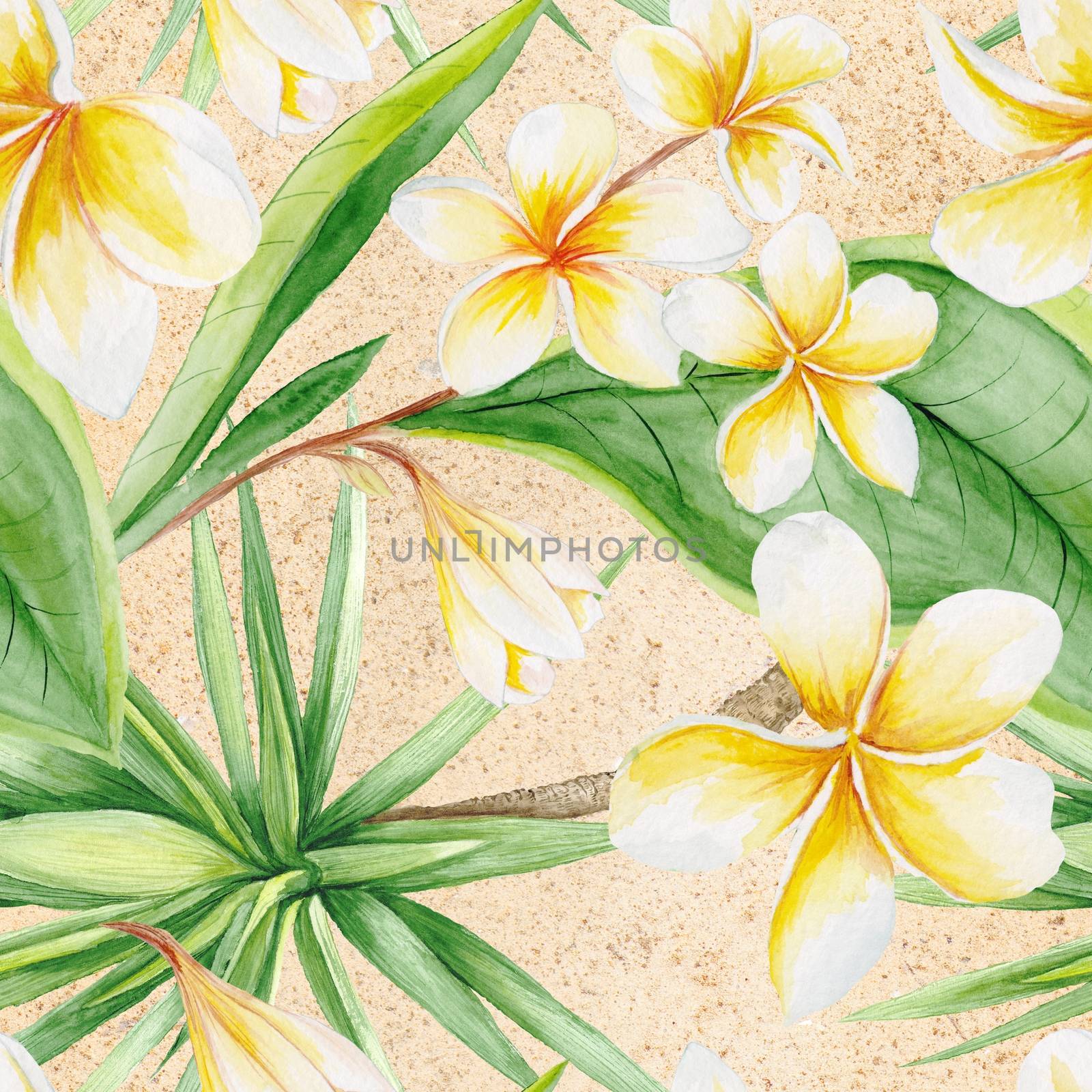 Seamless travel beach hand-painted background with plumeria flowers and yucca tree