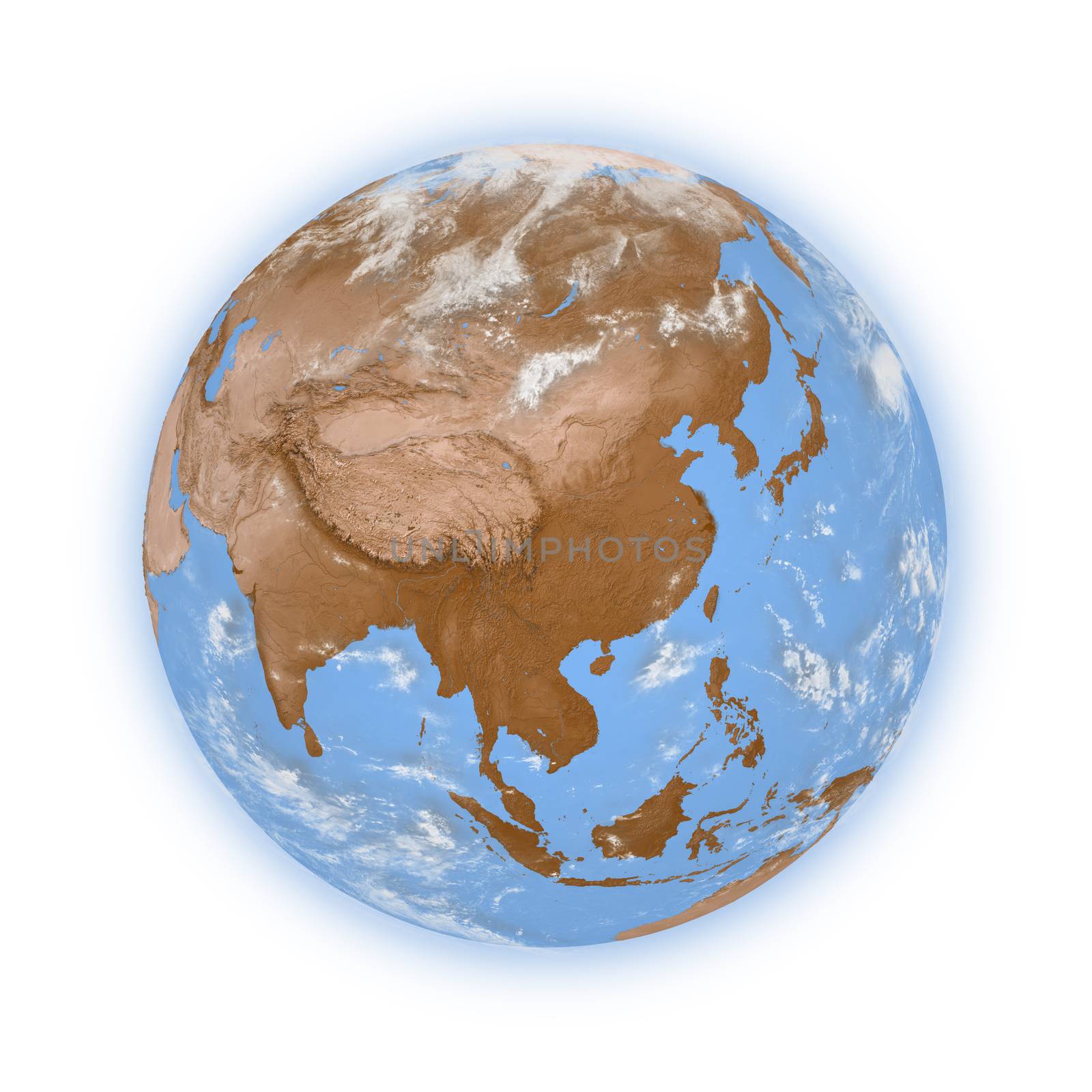 Southeast Asia on blue planet Earth isolated on white background. Highly detailed planet surface. Elements of this image furnished by NASA.