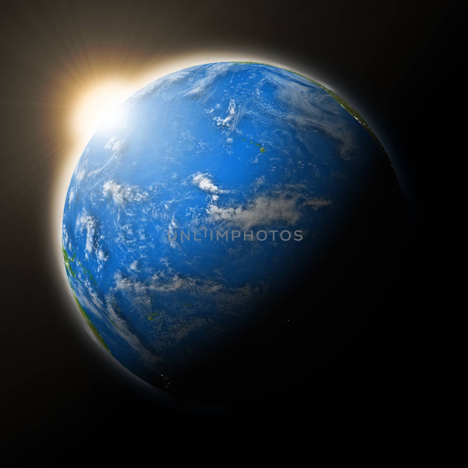 Sun over Pacific Ocean on blue planet Earth isolated on black background. Highly detailed planet surface. Elements of this image furnished by NASA.