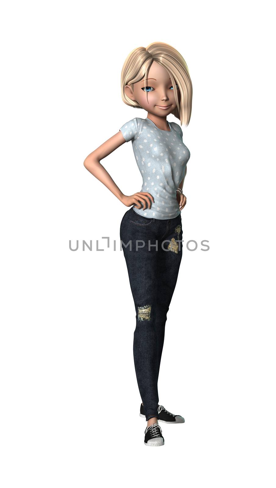 3D digital render of a pretty cartoon girl isolated on white background