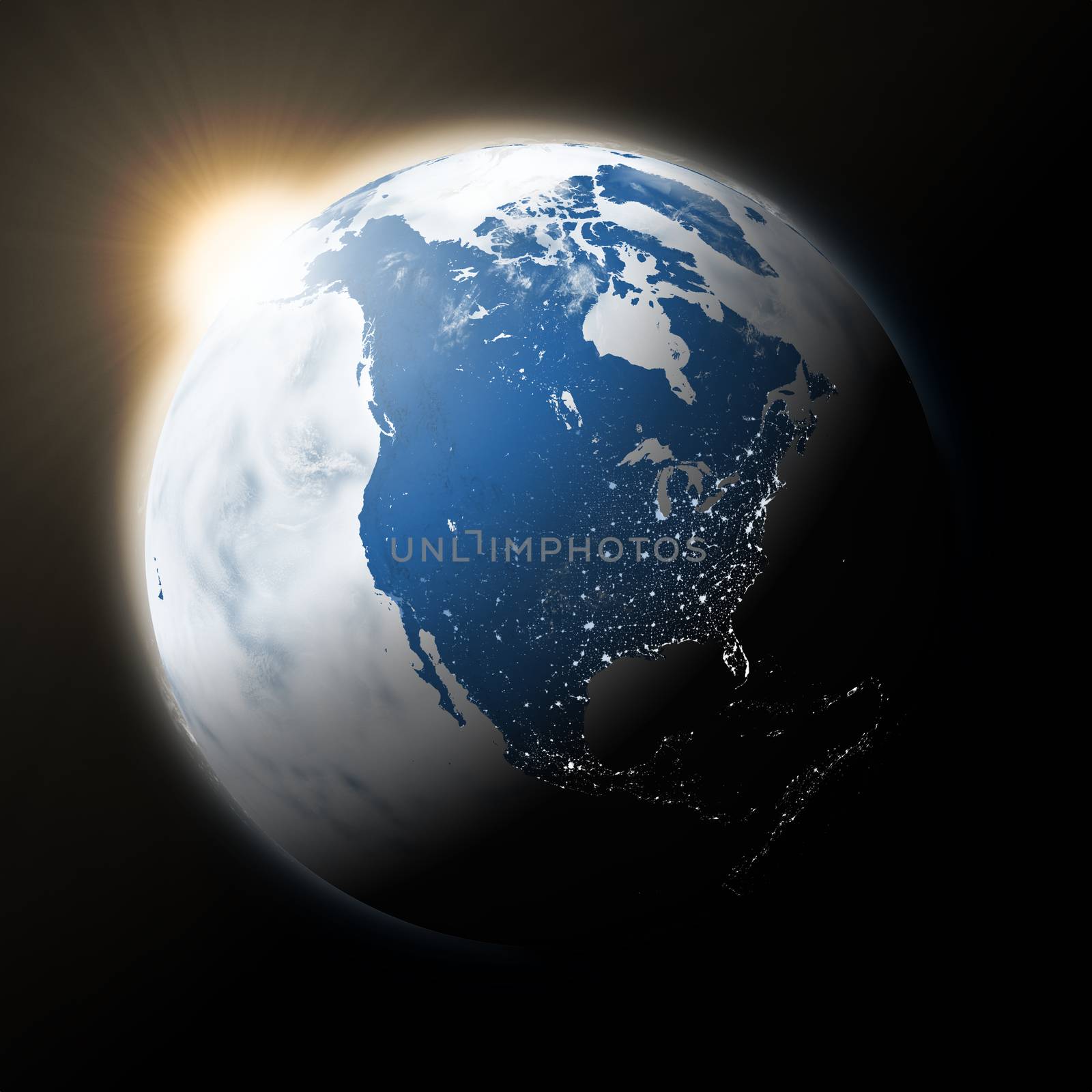 Sun over North America on planet Earth by Harvepino