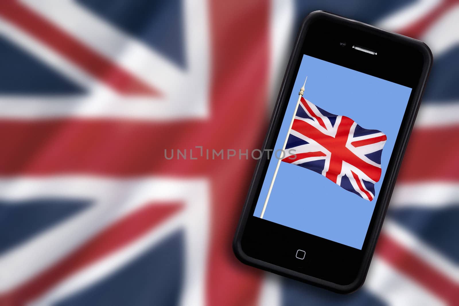 The national flag of Great Britain - with the flag on a smartphone screen.