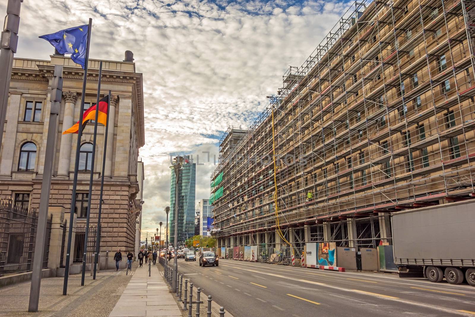 Berlin, Germany - October 28, 2013: Street Leipziger Strasse - view towards Potsdamer Platz square, German Bundesrat on the left.