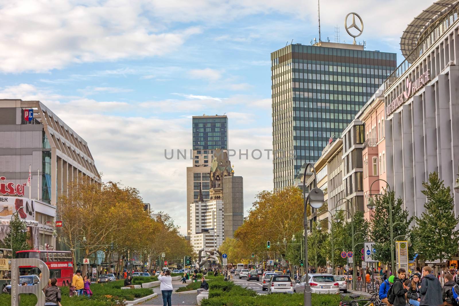 Berlin, Germany - October 27, 2013: View from Wittenbergplatz square towards church Kaiser-Wilhelm-Gedächtnis-Kirche.