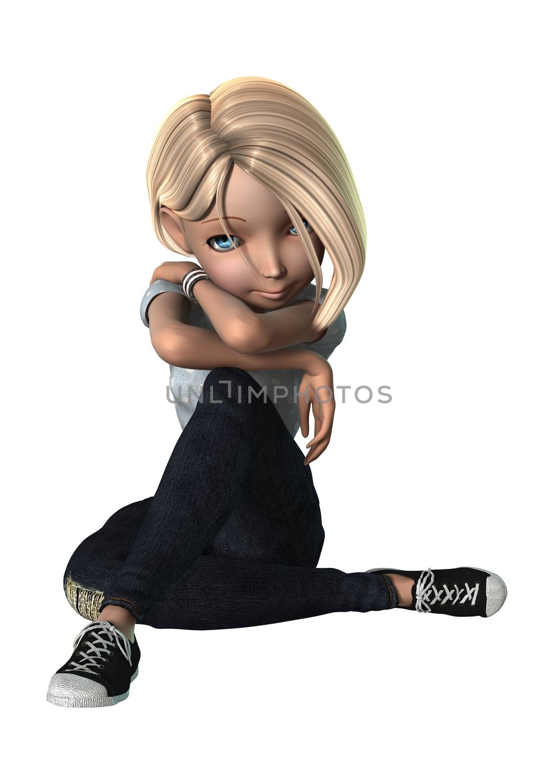 3D digital render of a pretty cartoon girl thinking about something isolated on white background