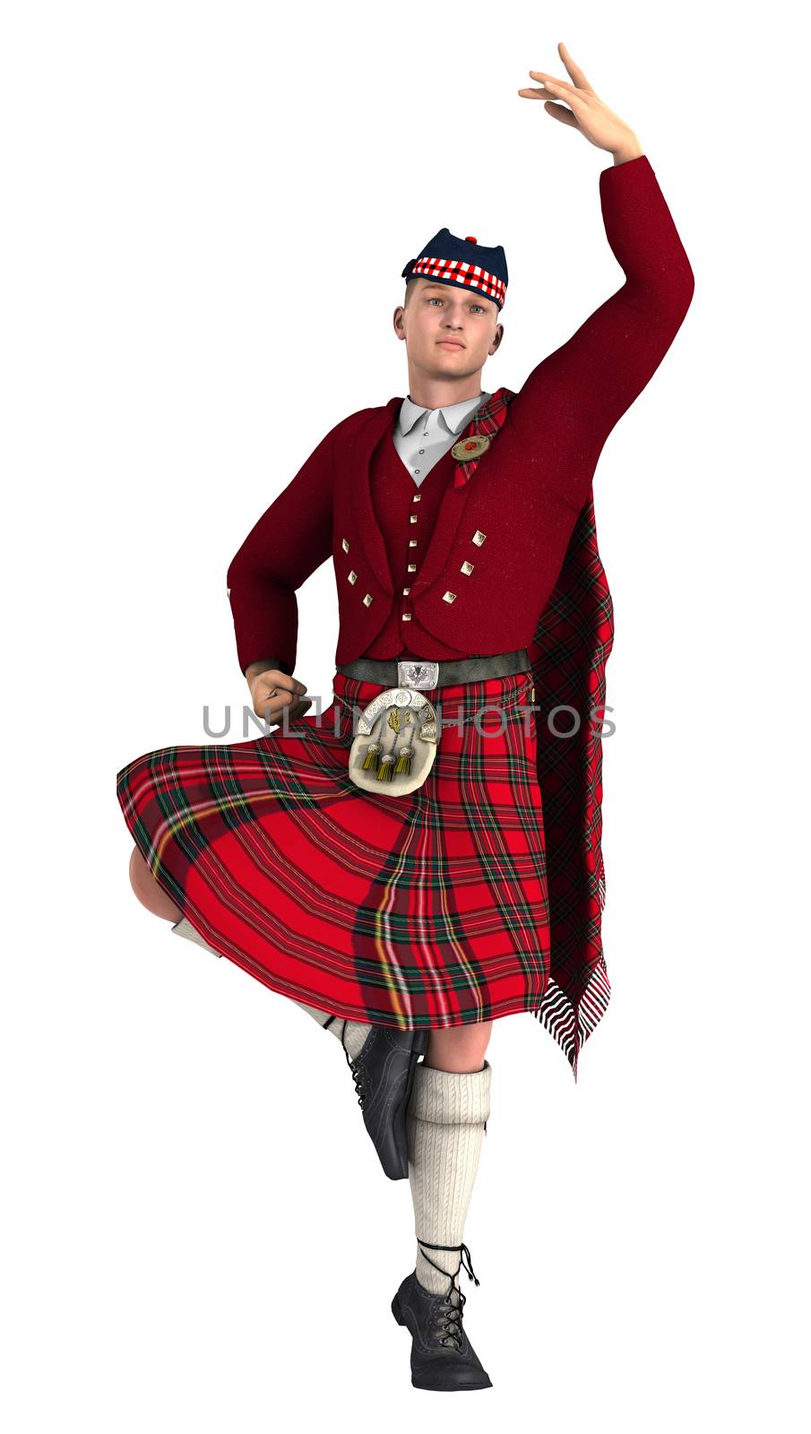 3D digital render of a highlander dancing isolated on white background