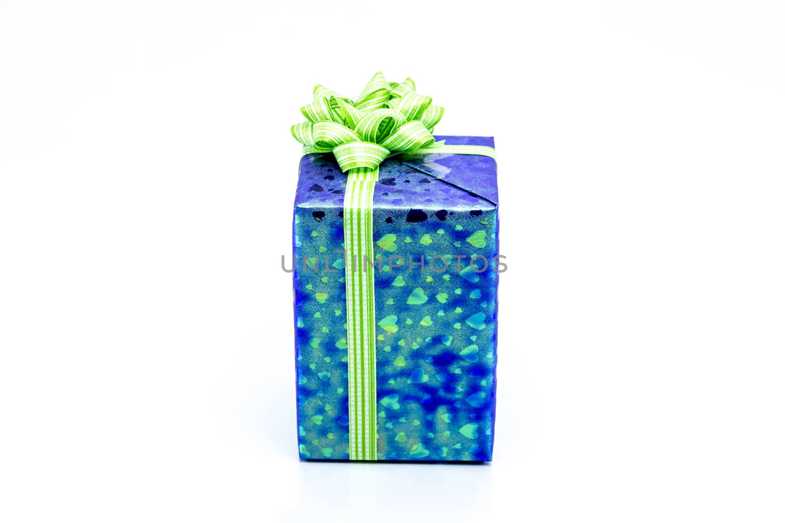 blue gift box with green ribbon bow by teerawit