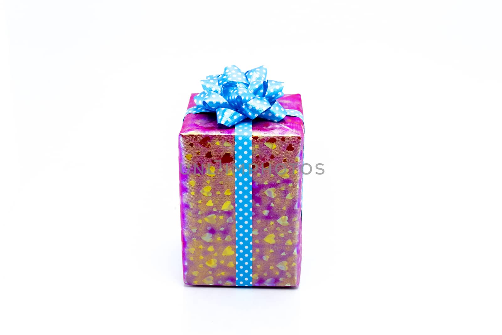 pink gift box with blue ribbon bow, isolated on white