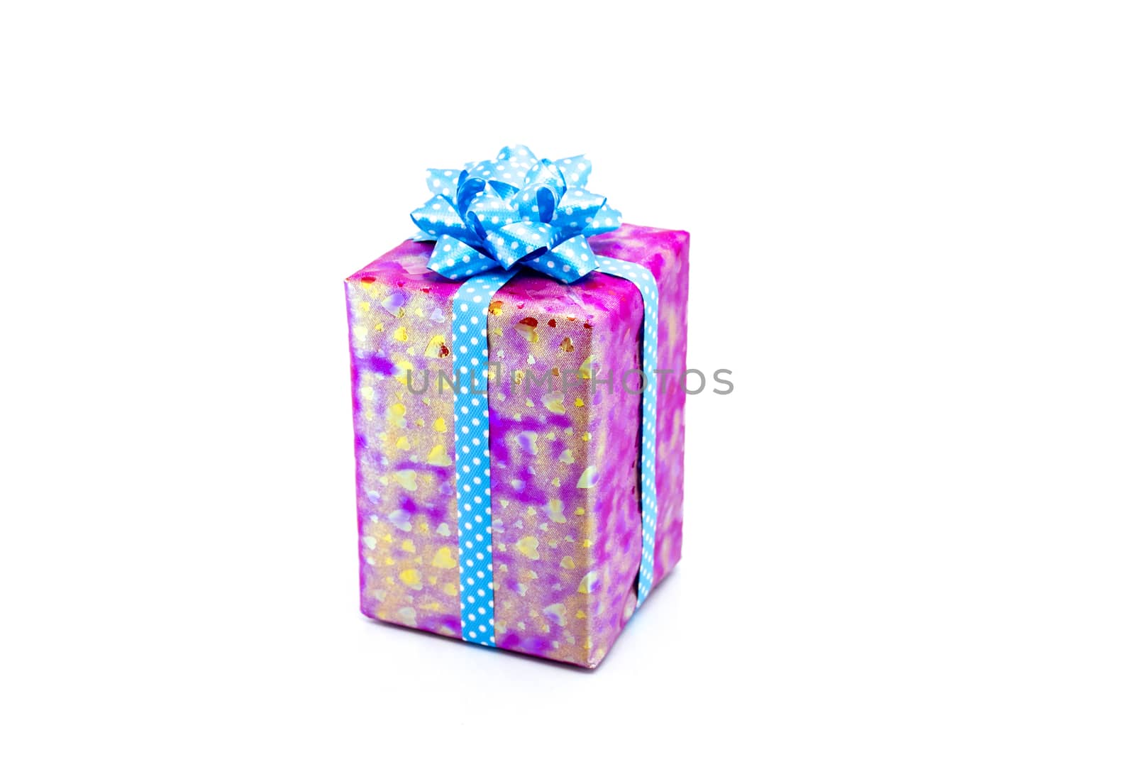 pink gift box with blue ribbon bow by teerawit