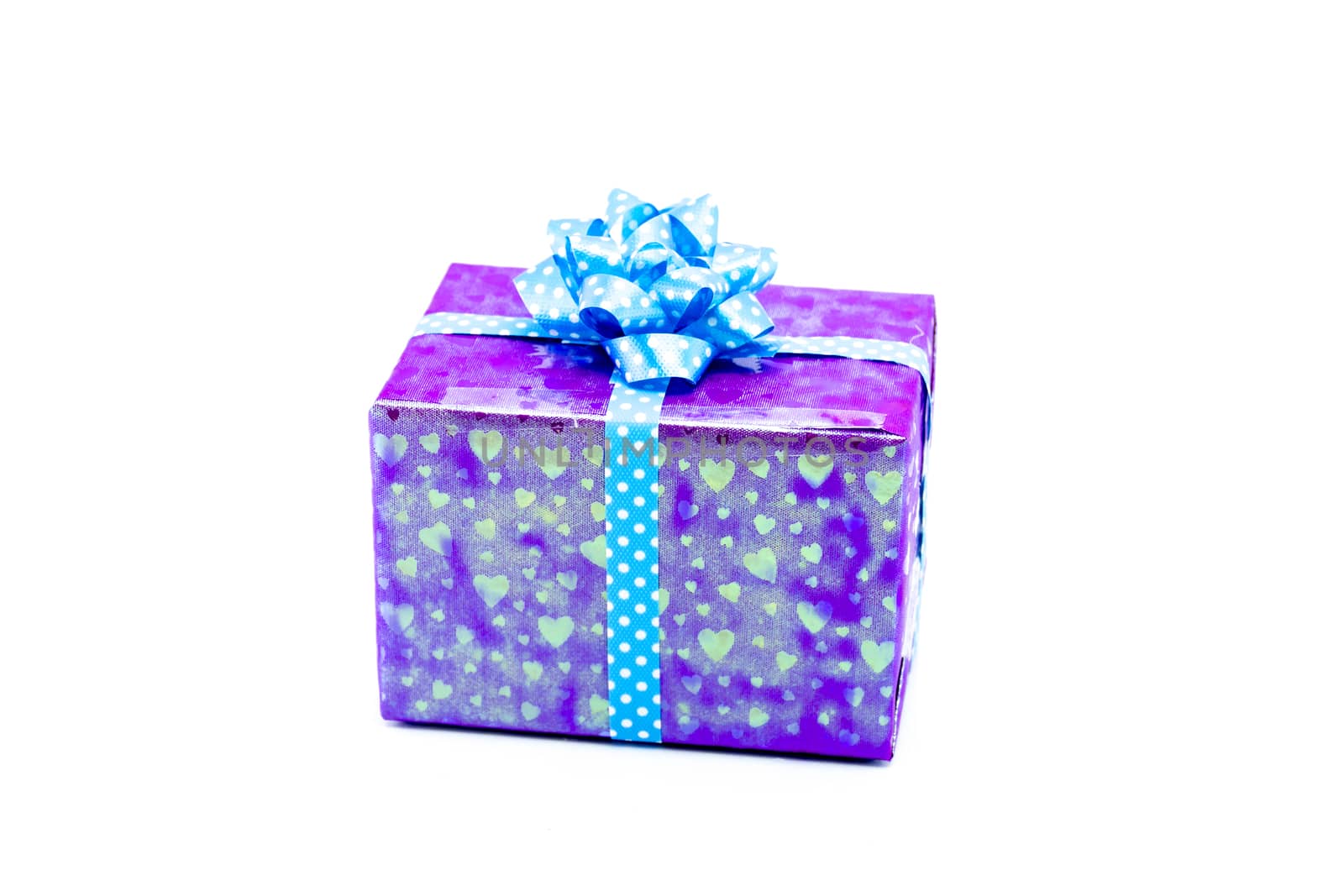 purple gift box with blue ribbon bow, isolated on white