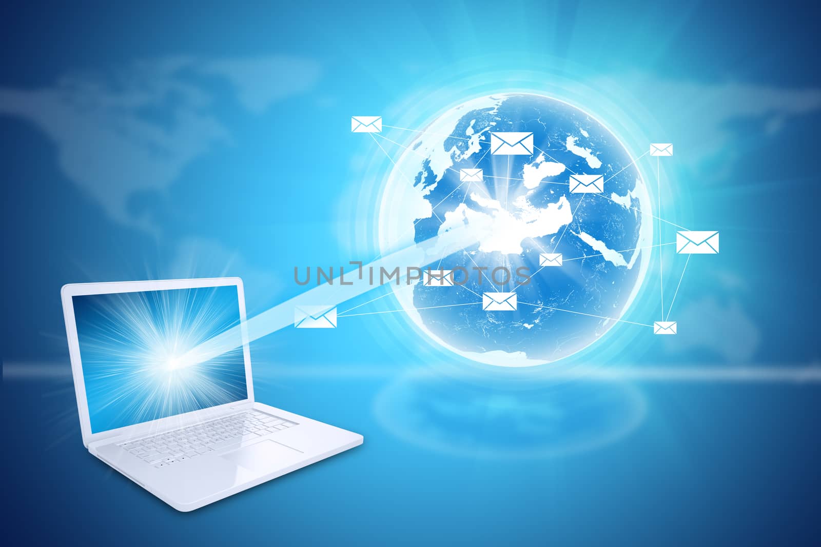 Laptop with Earth globe on abstract blue background