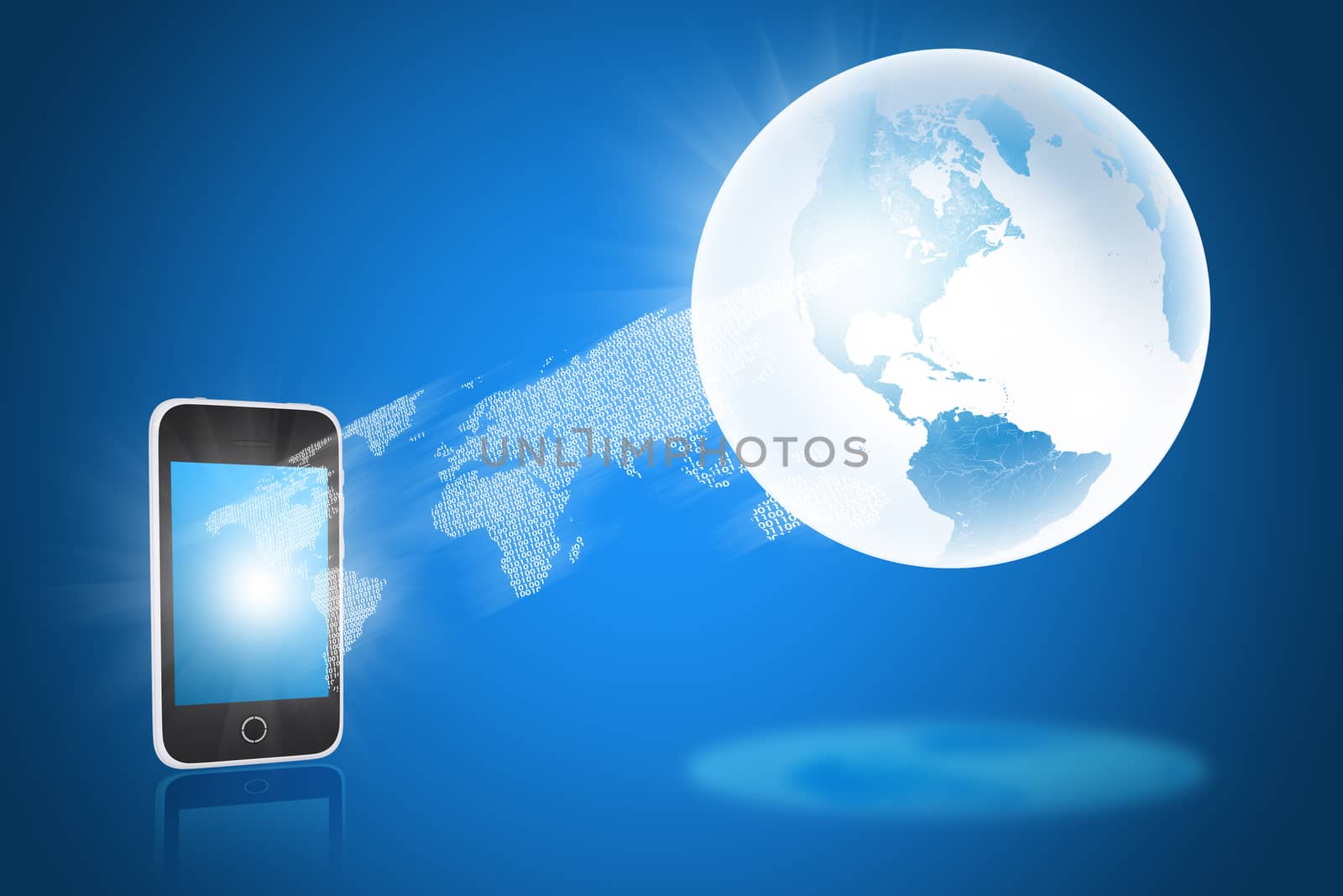 Earth with smartphone on abstract blue background with world map
