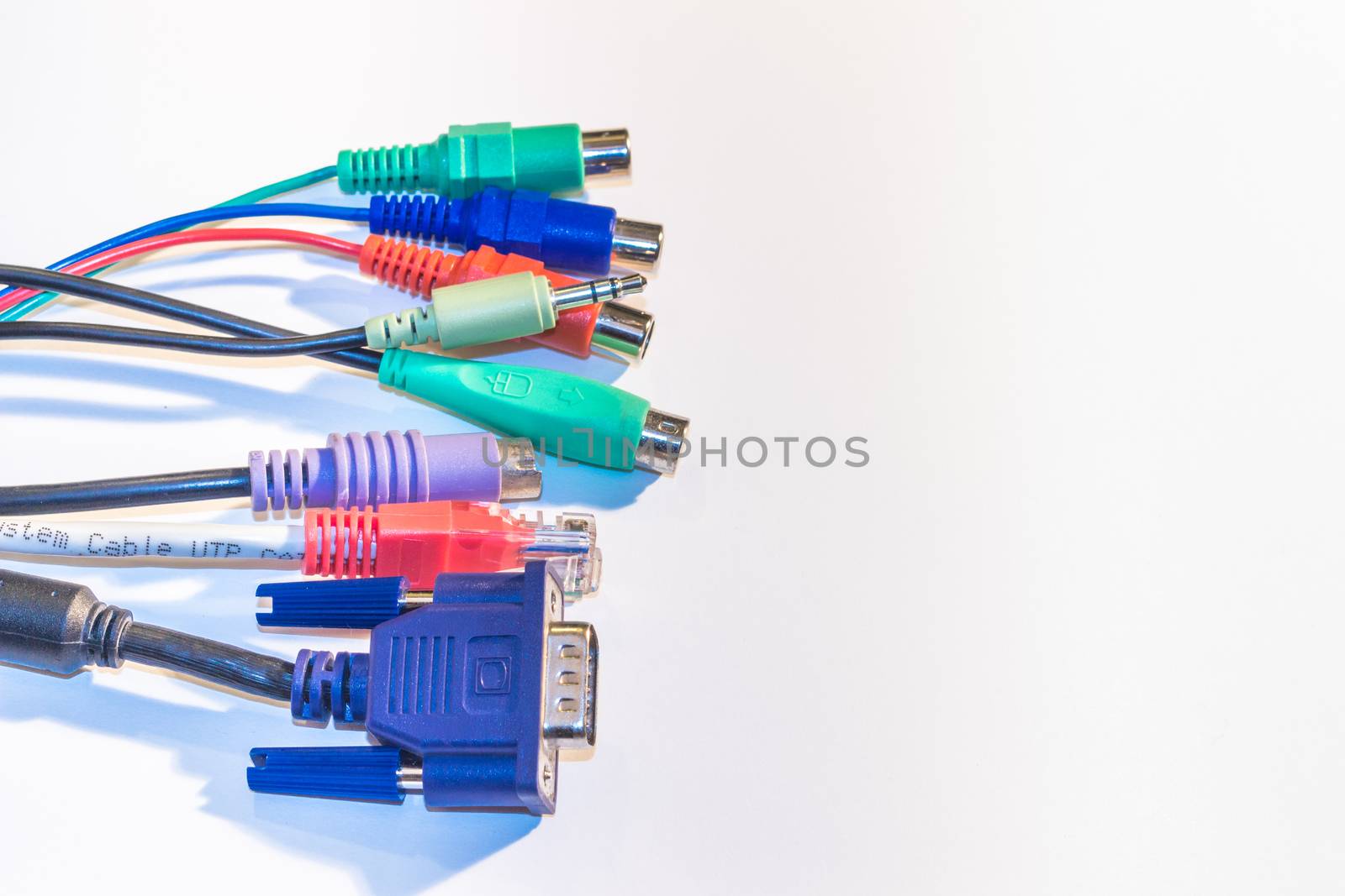 The different computer cables on white background