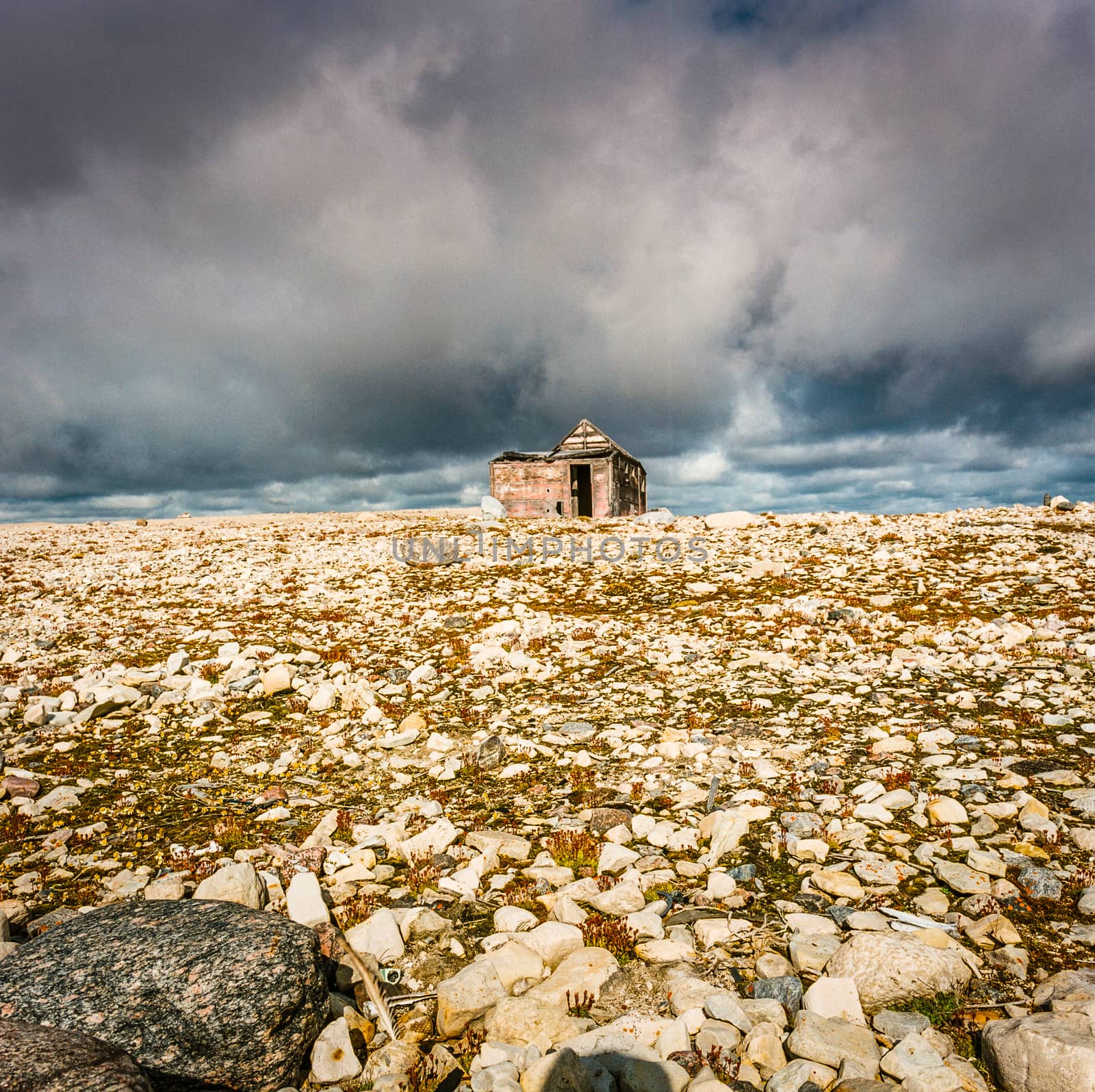 A bleached, hunter's cabin sits under a powerful, cloudy Arctic sky.