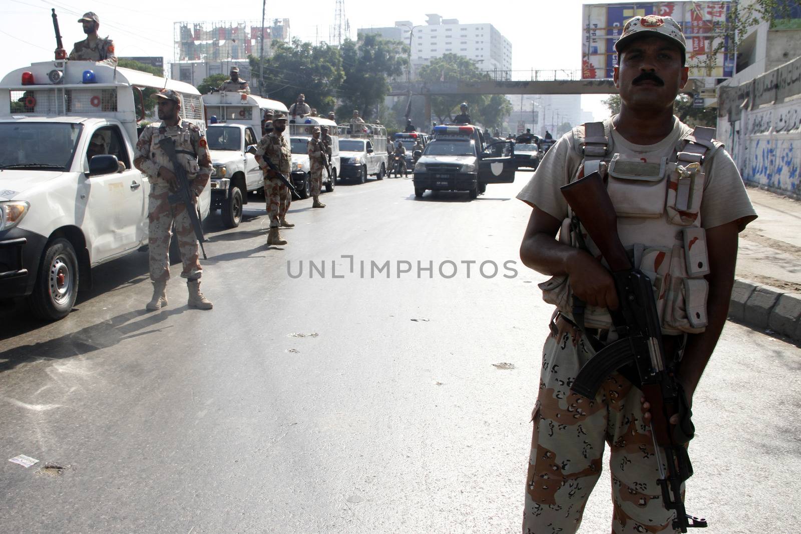PAKISTAN, Karachi: Security is heightened with the presence of both police and Rangers in Karachi, Pakistan on October 14, 2015, under the fear and suspicion of terrorist attacks during Muharram-ul-Haram, ushering in the Islamic New Year. Muharram is the first month of the Islamic calendar.